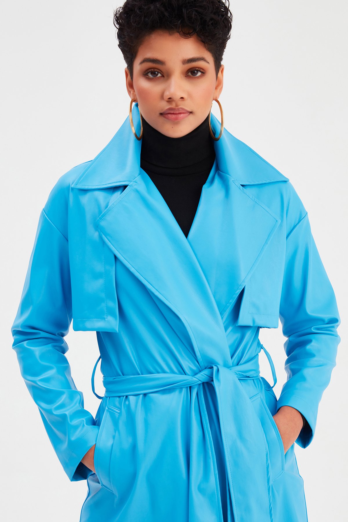 Uzun  kemerli deri  trenç - MAVİ