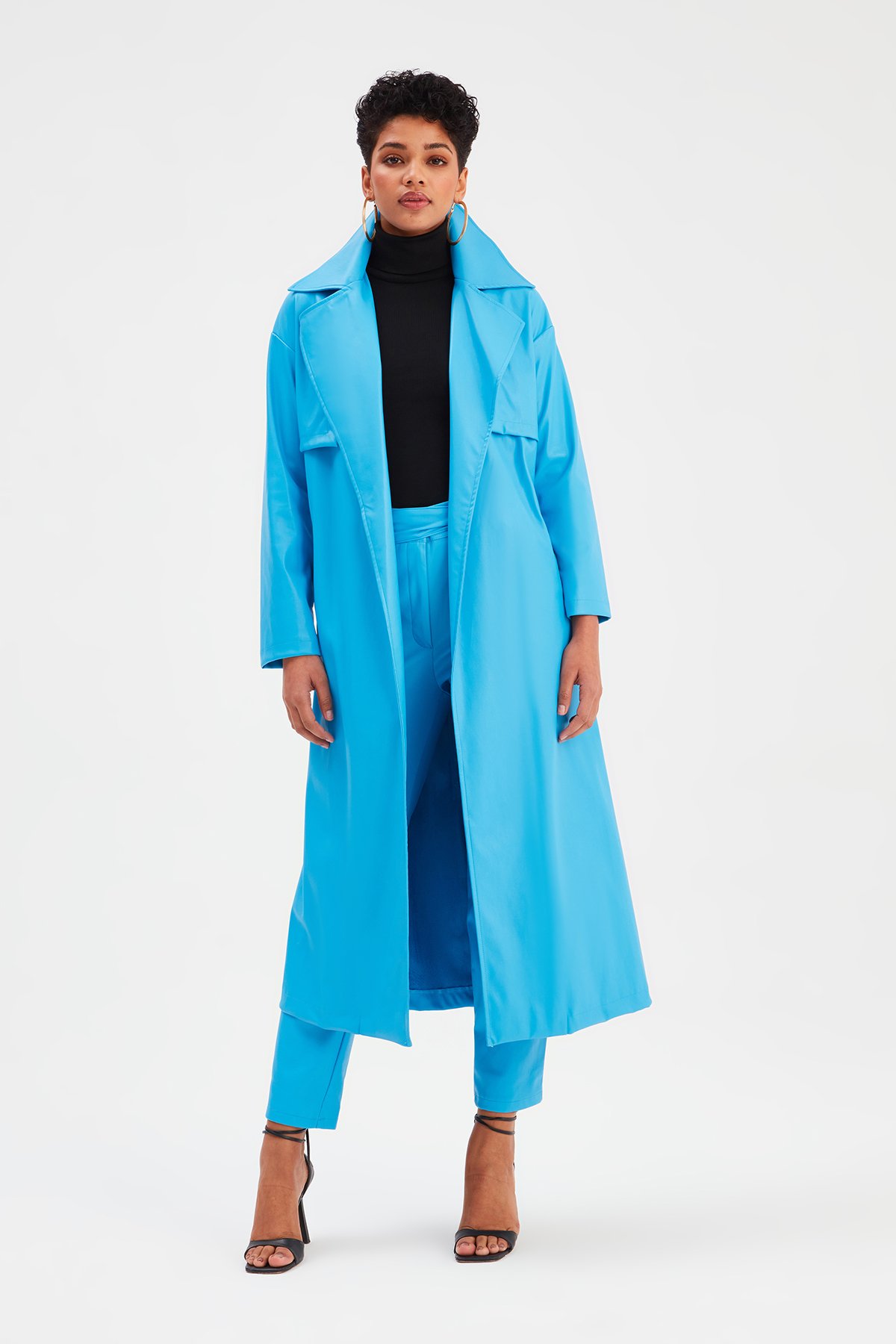 Uzun  kemerli deri  trenç - MAVİ