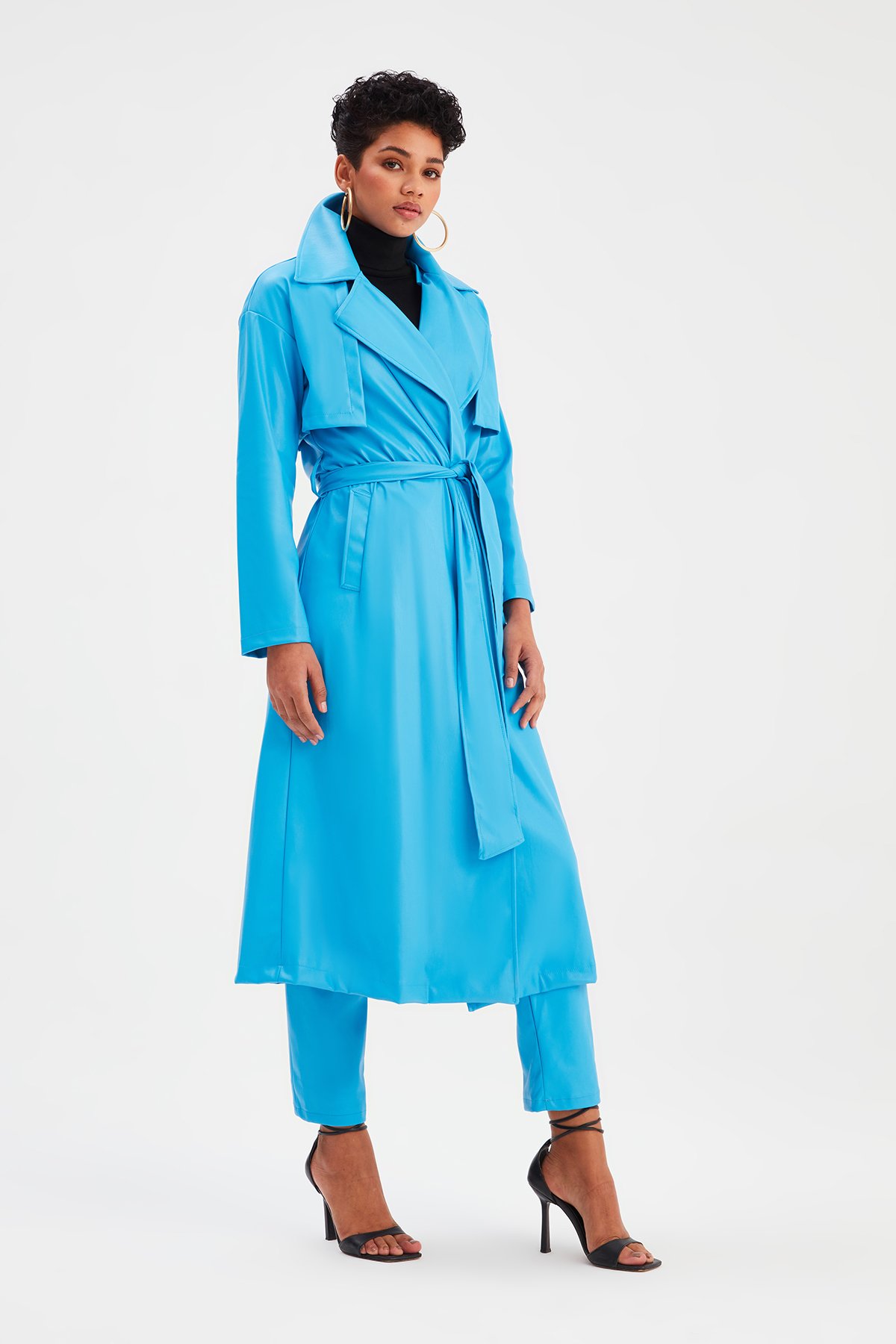 Uzun  kemerli deri  trenç - MAVİ