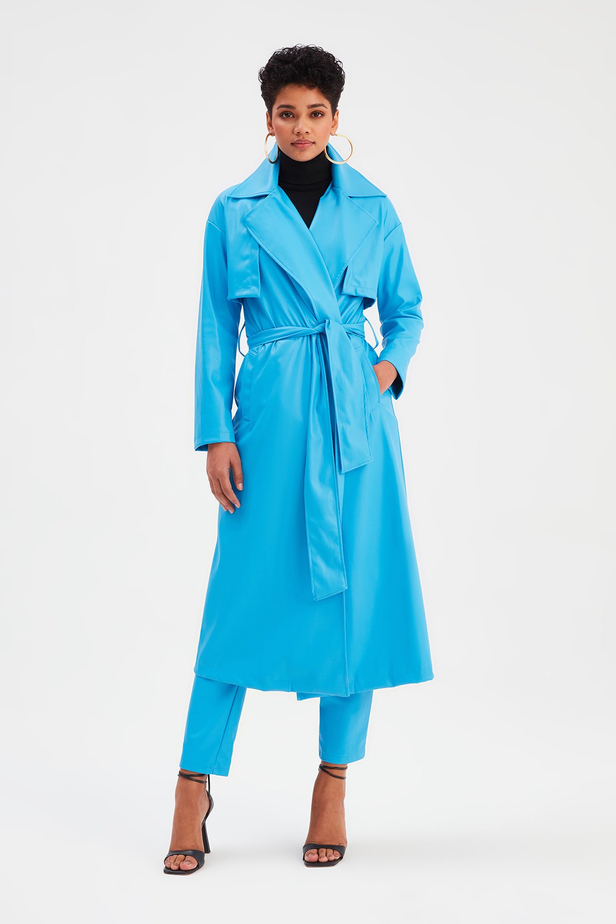 Uzun  kemerli deri  trenç - MAVİ