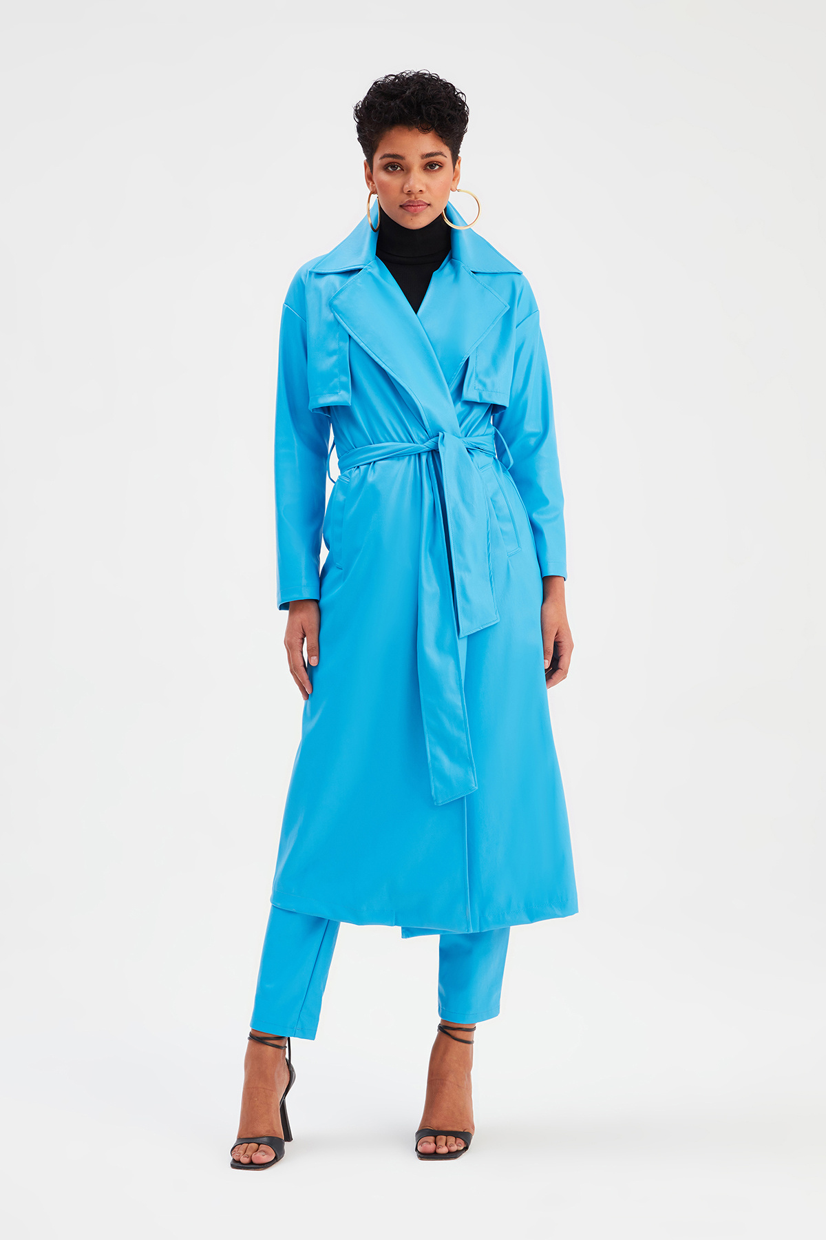 Uzun  kemerli deri  trenç - MAVİ