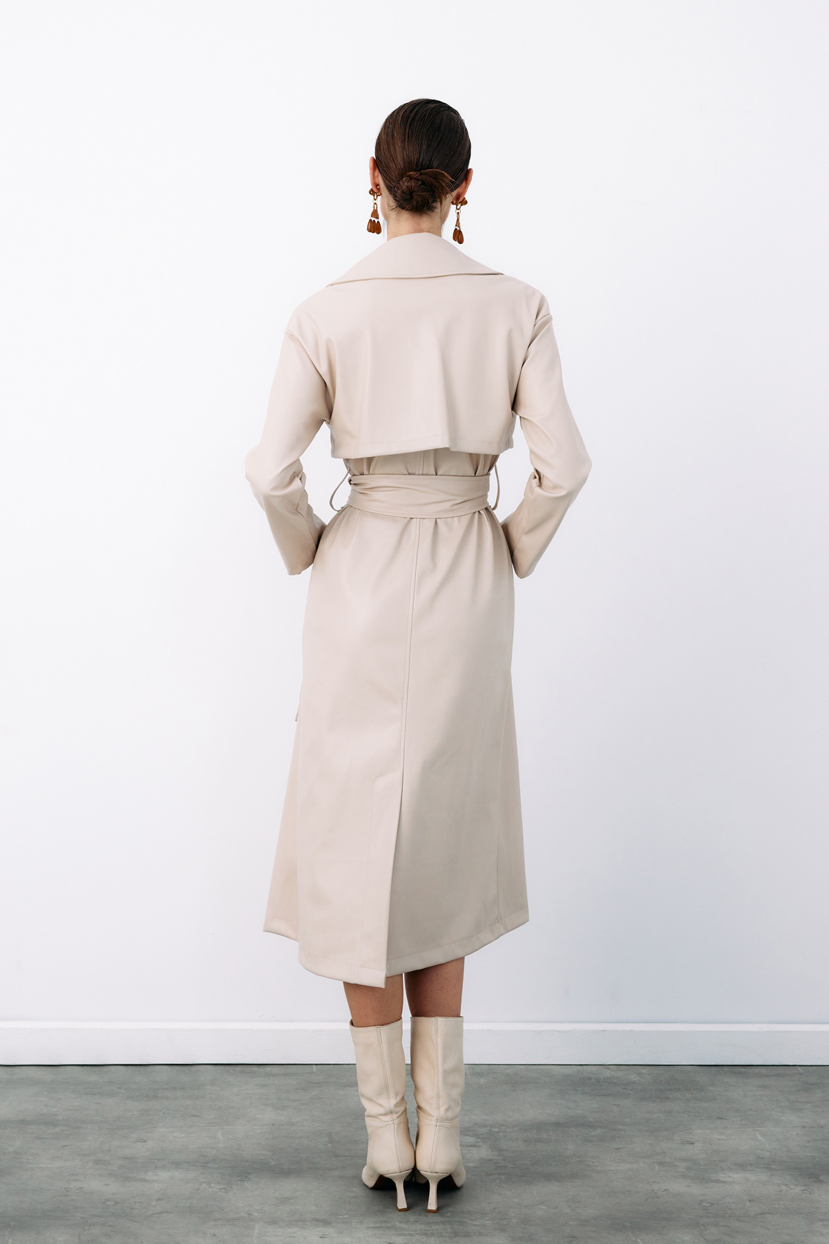 Belted Long Leather Trench - STONE