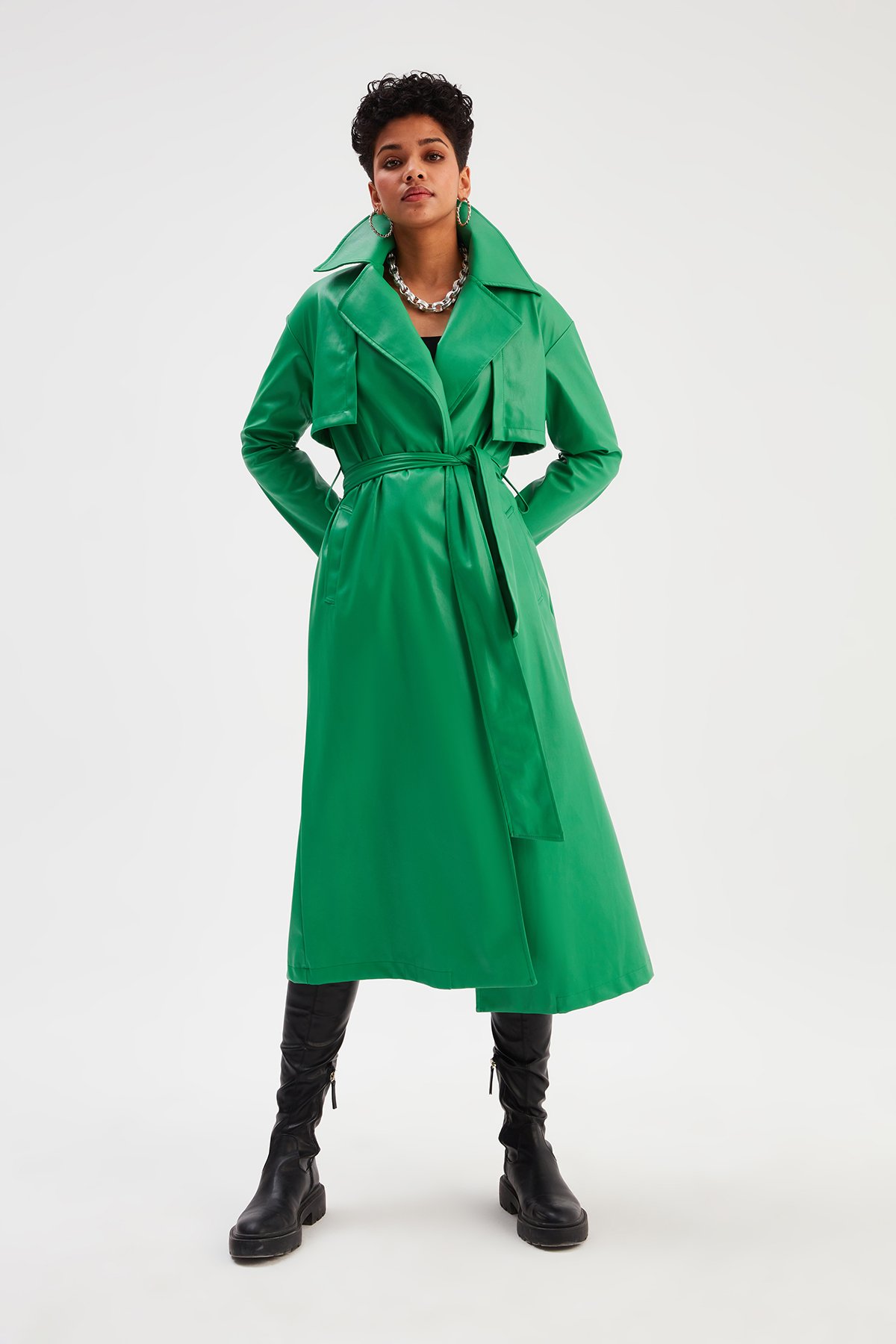 Uzun  kemerli deri  trenç - YEŞİL
