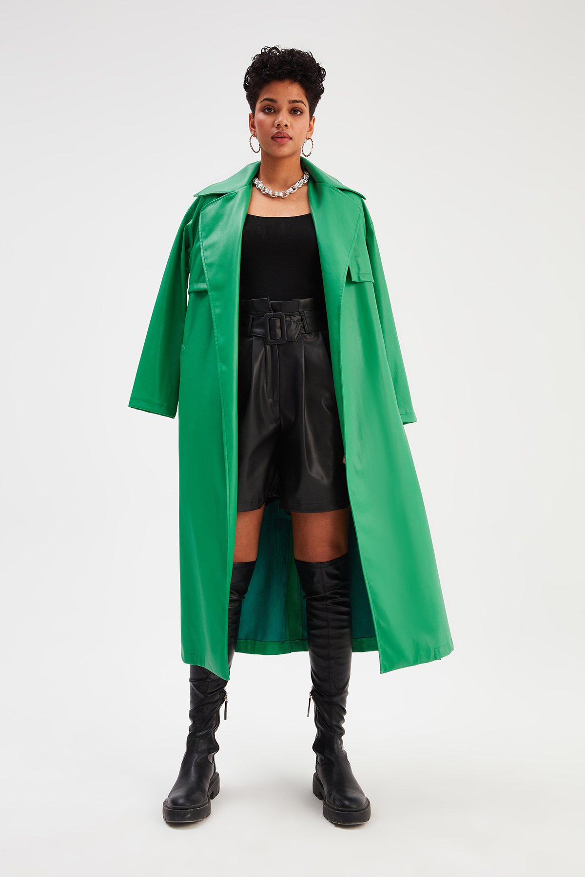Uzun  kemerli deri  trenç - YEŞİL