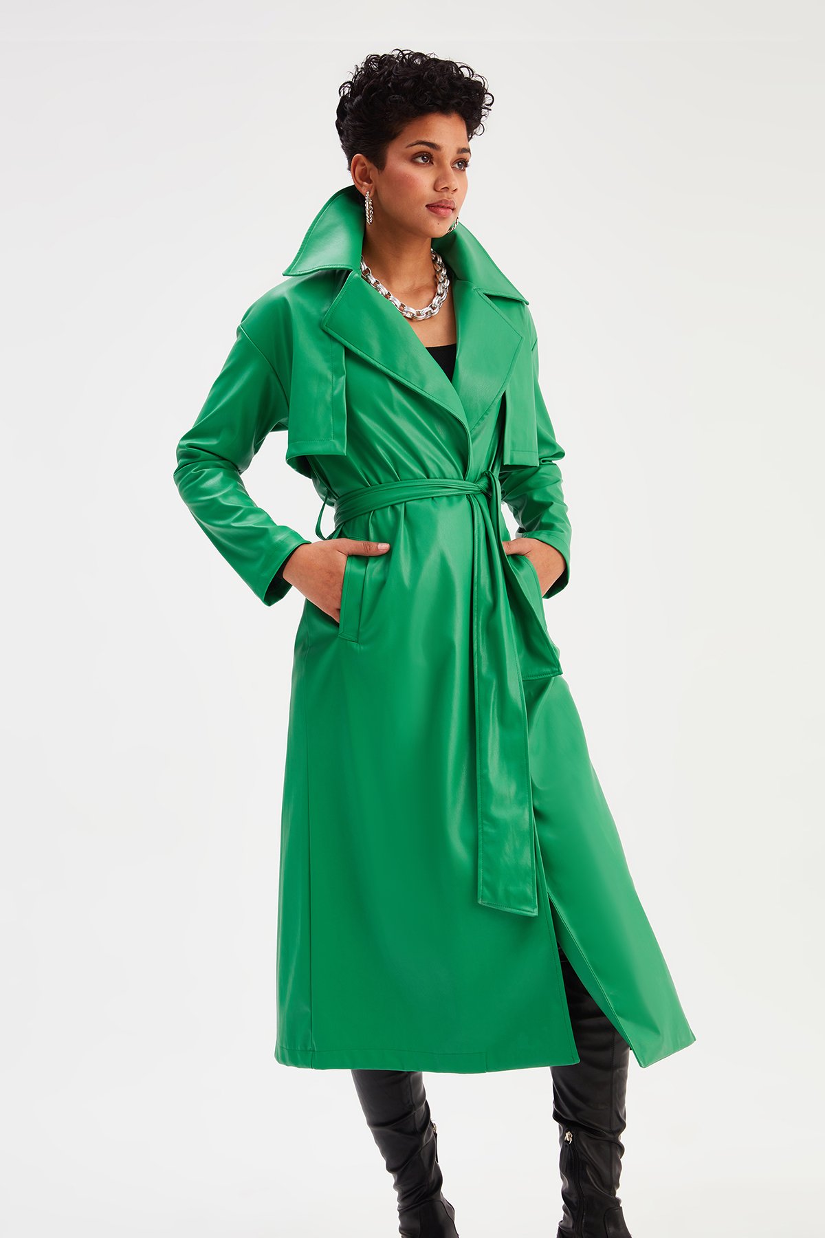 Uzun  kemerli deri  trenç - YEŞİL