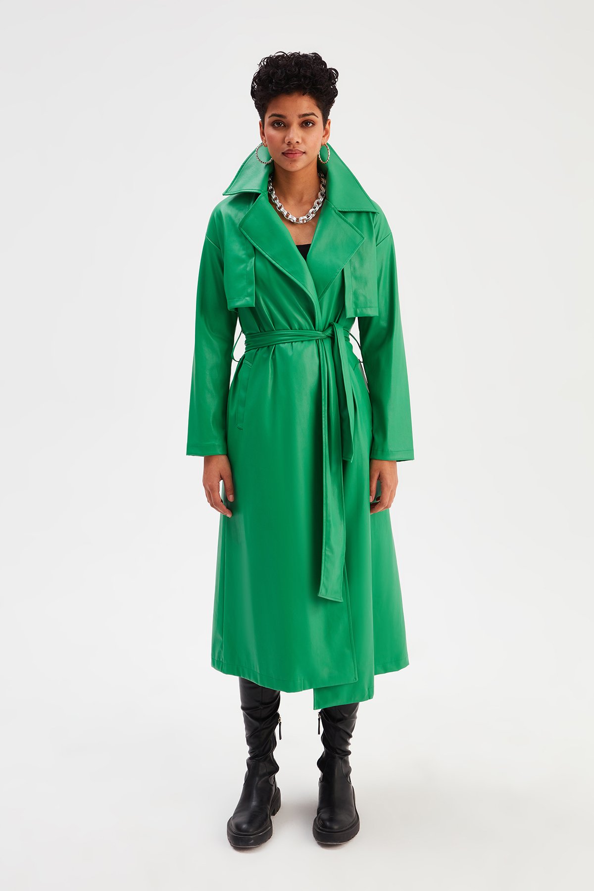 Uzun  kemerli deri  trenç - YEŞİL