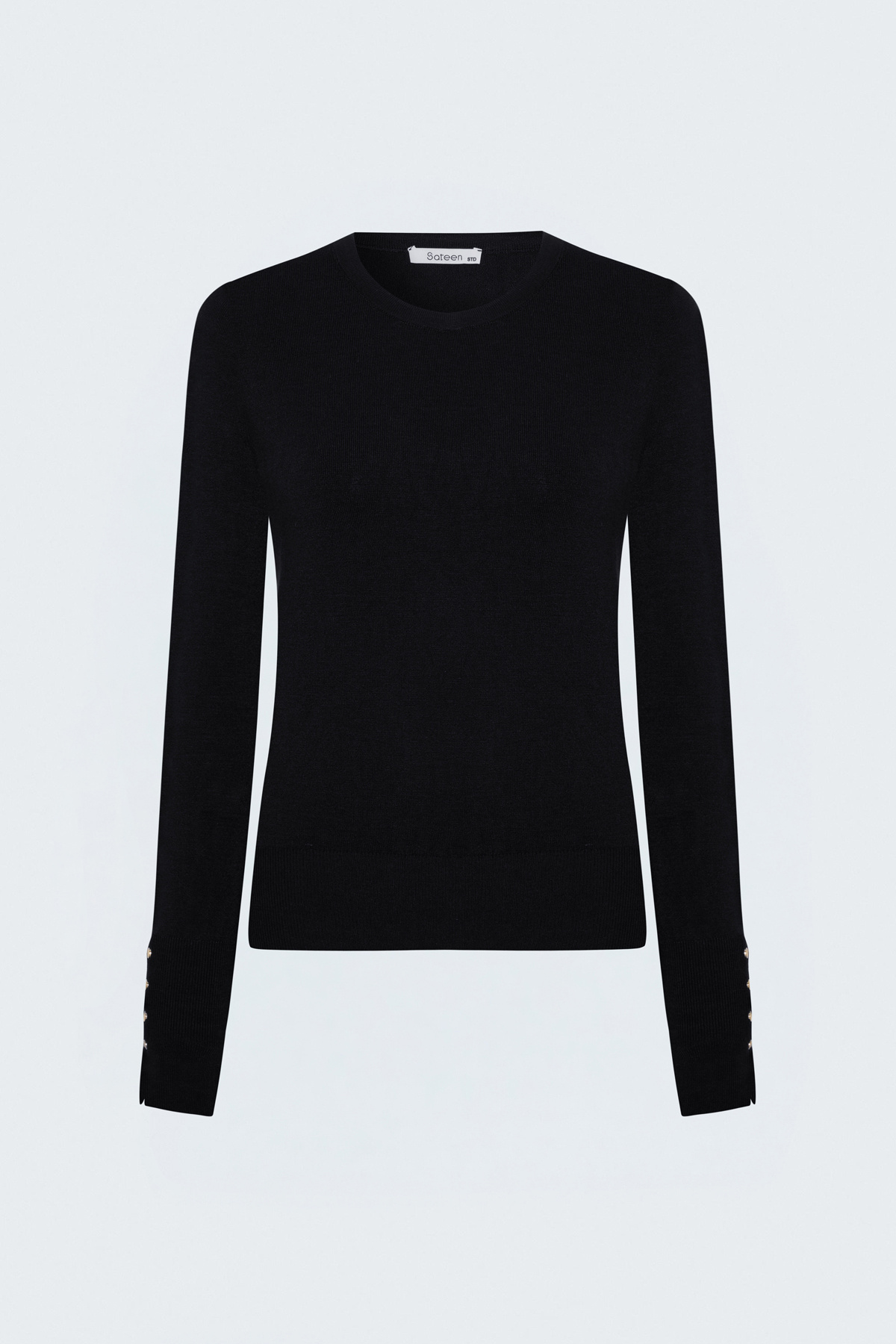 Long-Sleeve Knit Top with Snap-Button Detail - Black