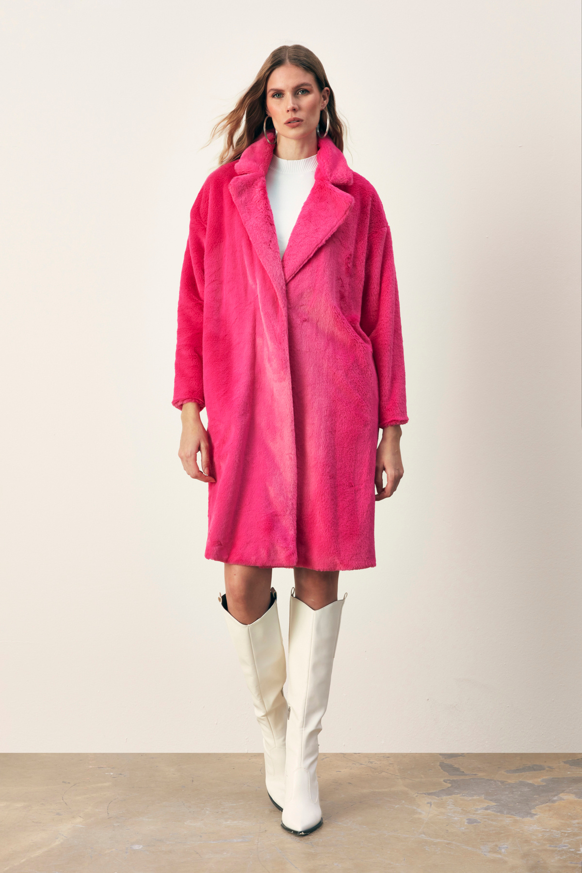 Pockets Long Plush Coat - FuchsIa