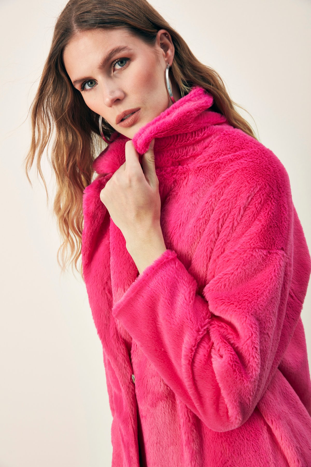 Pockets Long Plush Coat - FuchsIa