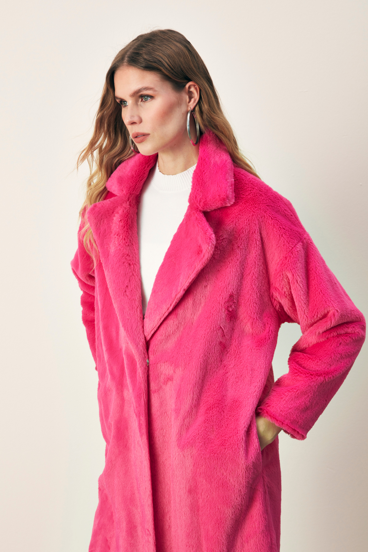 Pockets Long Plush Coat - FuchsIa