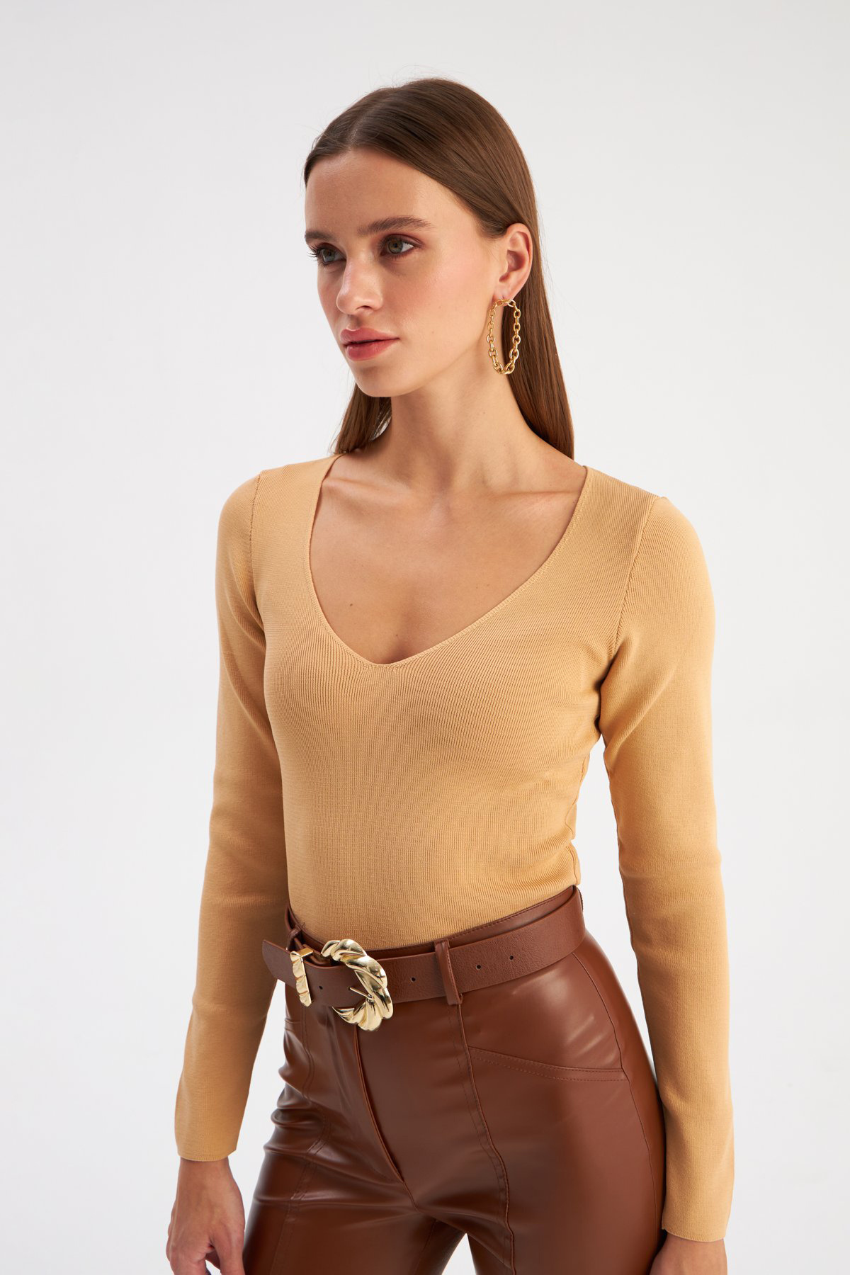 V Neck Crop Knitwear - Bıscuıt