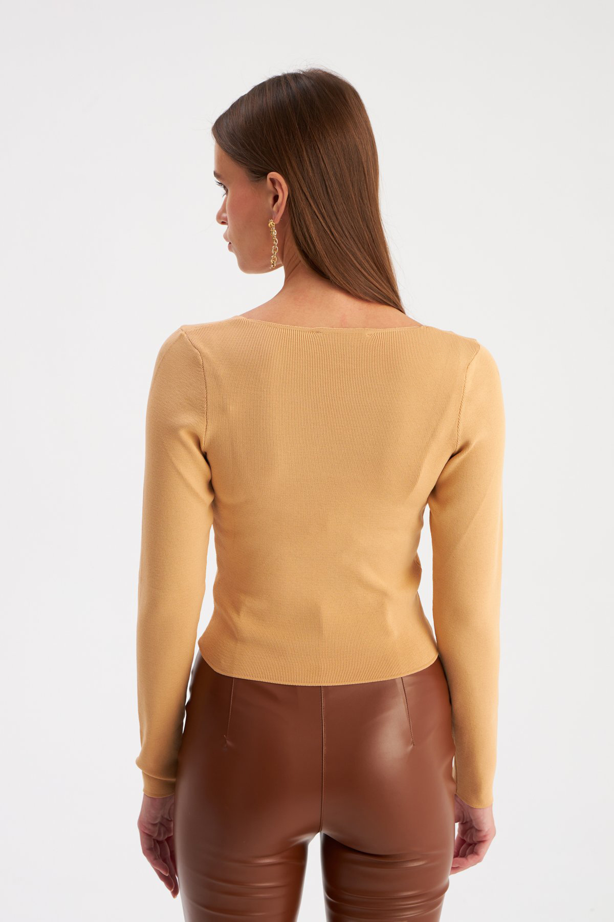 V Neck Crop Knitwear - Bıscuıt