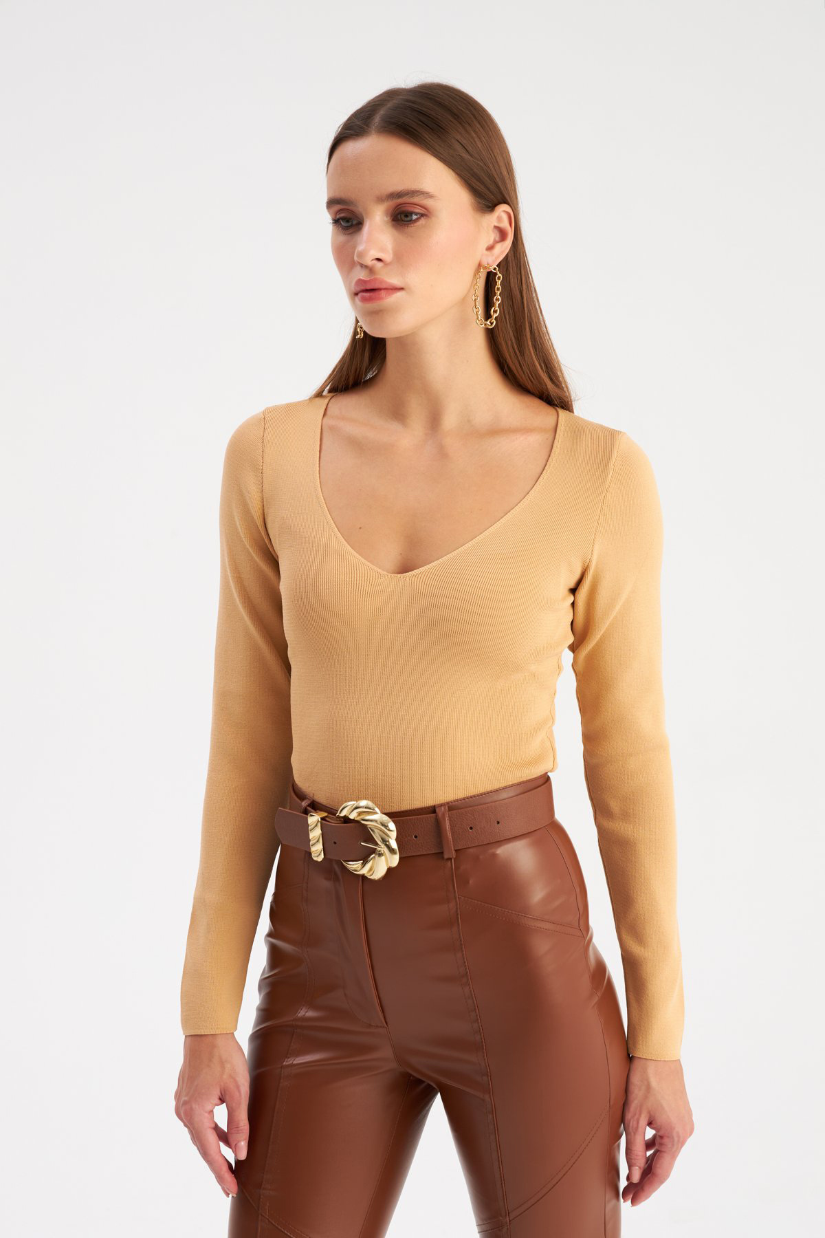 V Neck Crop Knitwear - Bıscuıt