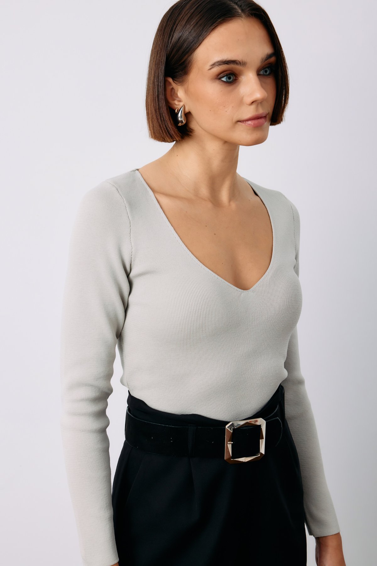 V Yaka Crop Triko - GRİ