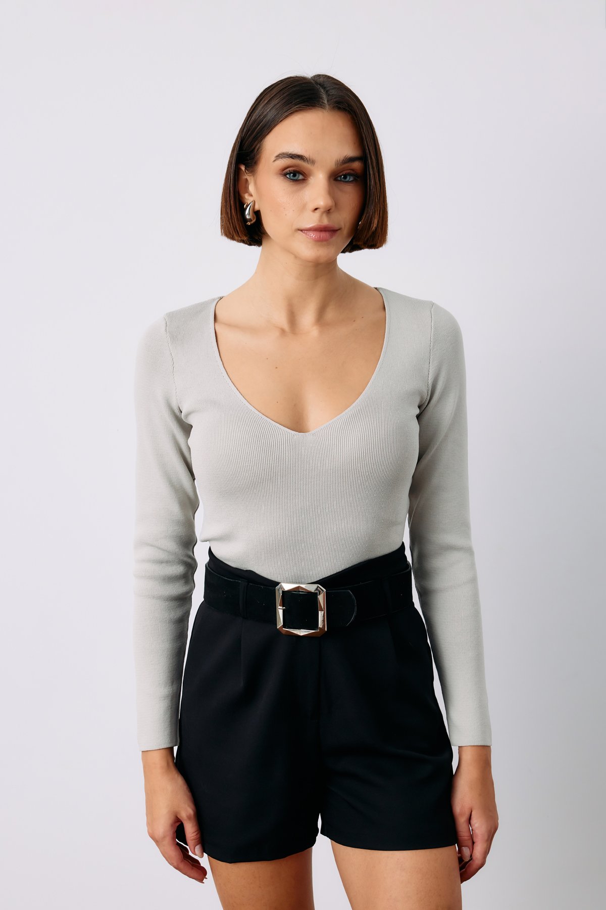 V Yaka Crop Triko - GRİ