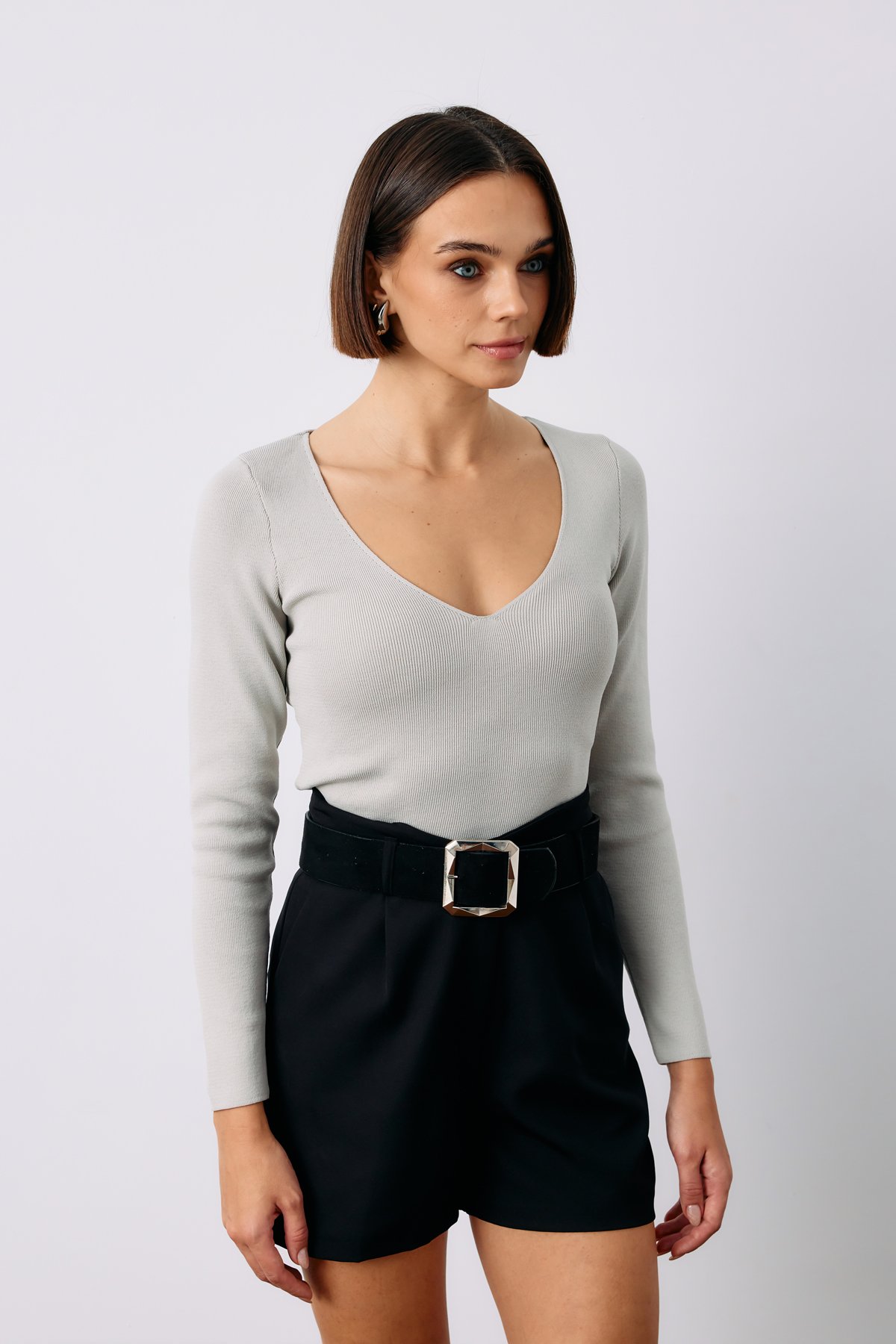 V Yaka Crop Triko - GRİ