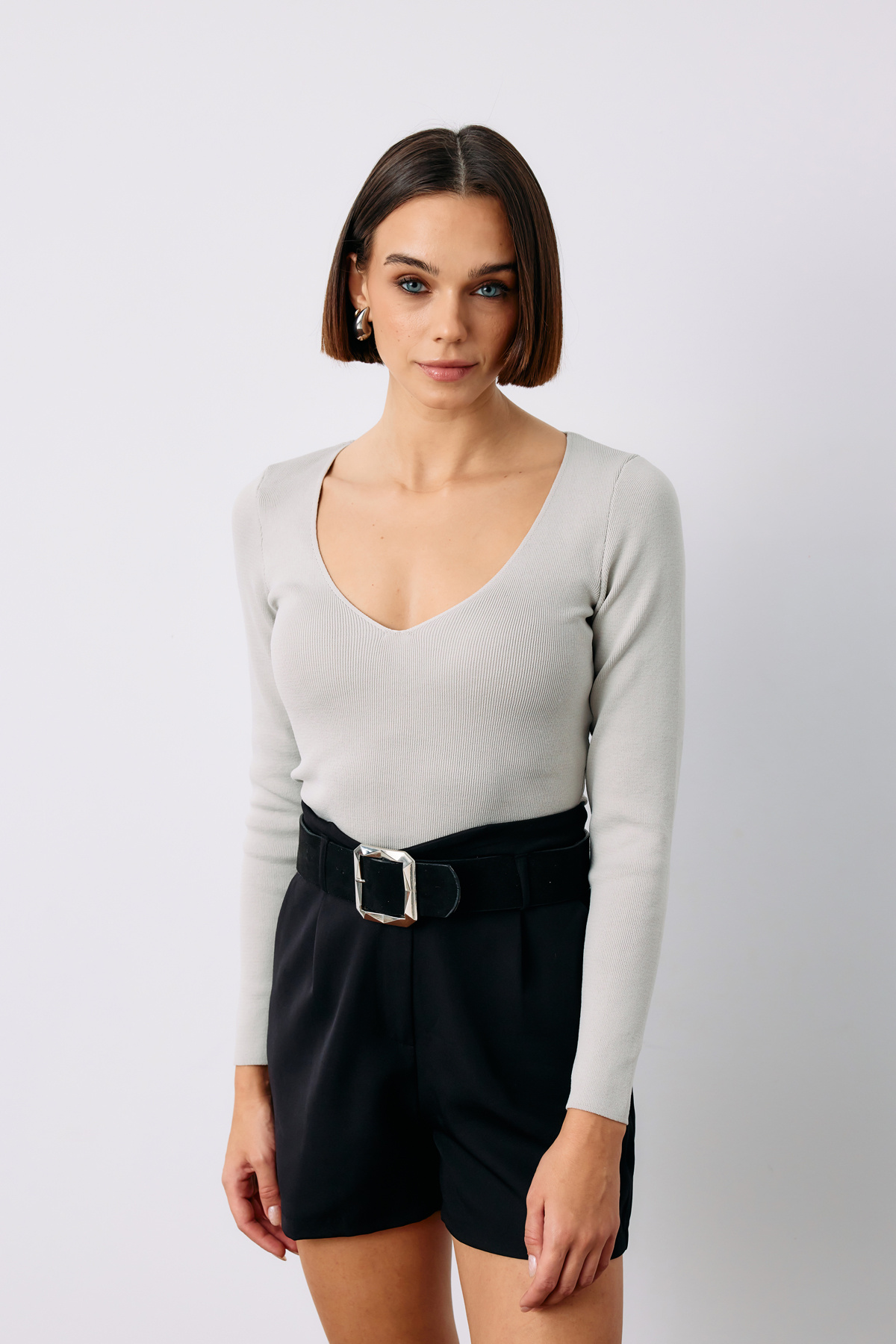 V Yaka Crop Triko - GRİ