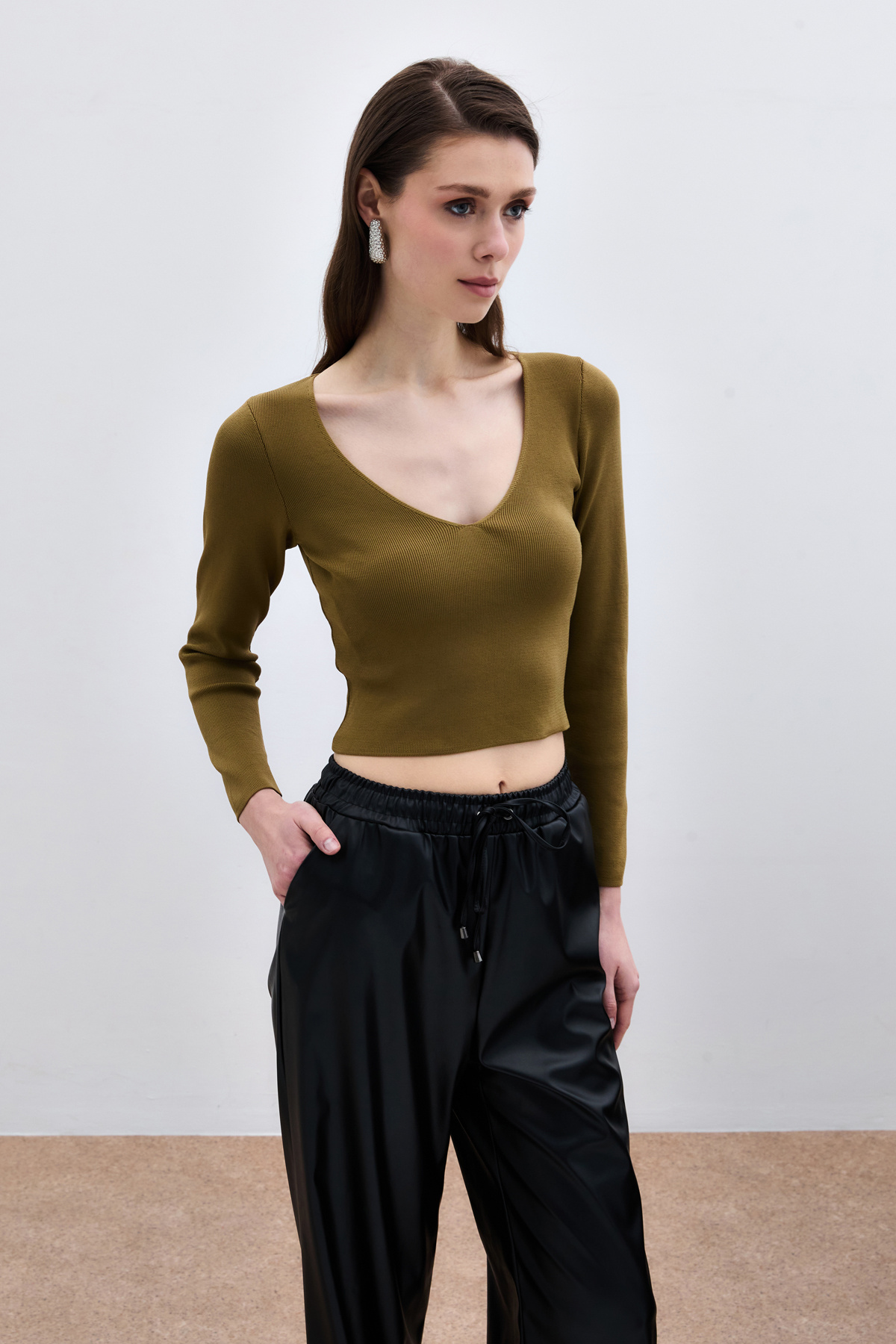 V Neck Crop Knitwear - Green
