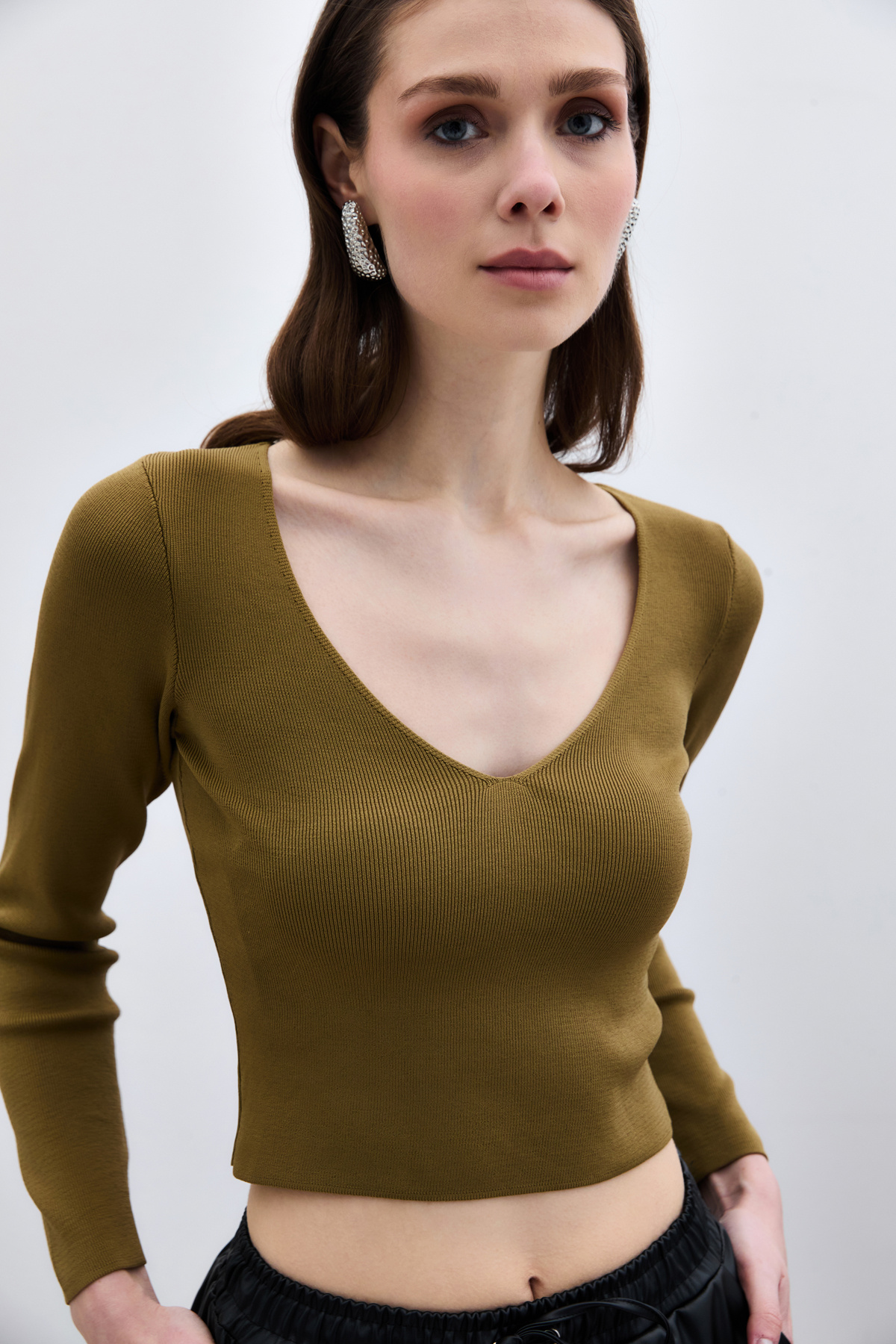 V Neck Crop Knitwear - Green