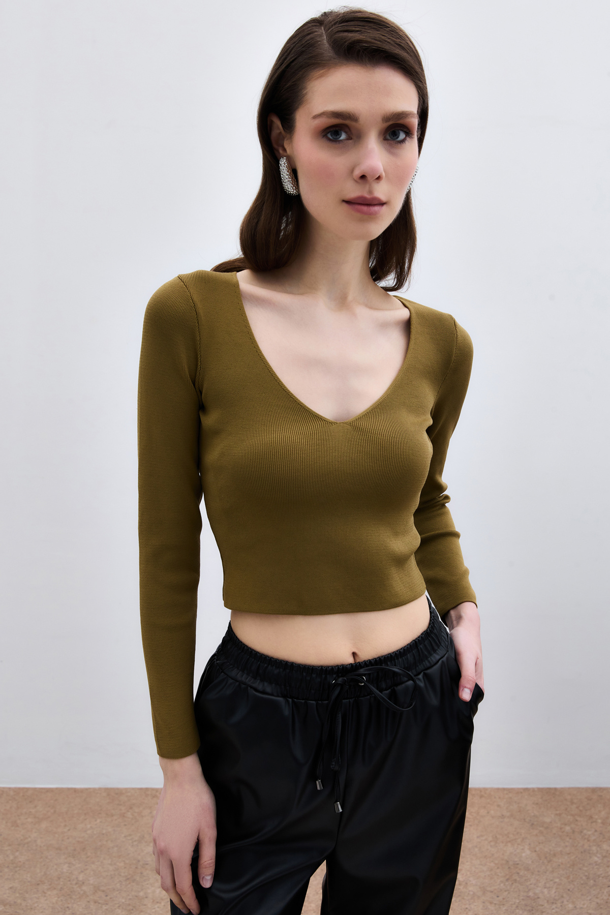V Neck Crop Knitwear - Green