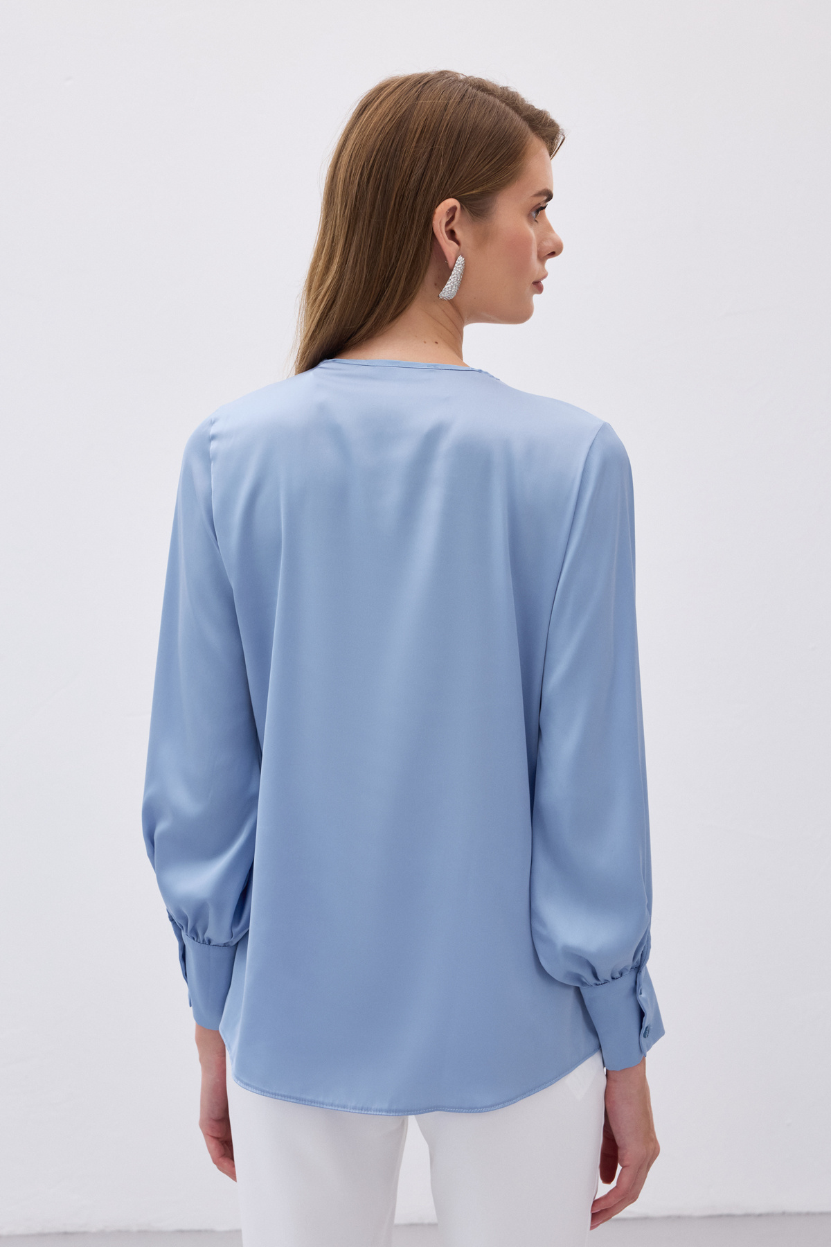 V Yaka Saten Bluz - Bebe Mavi