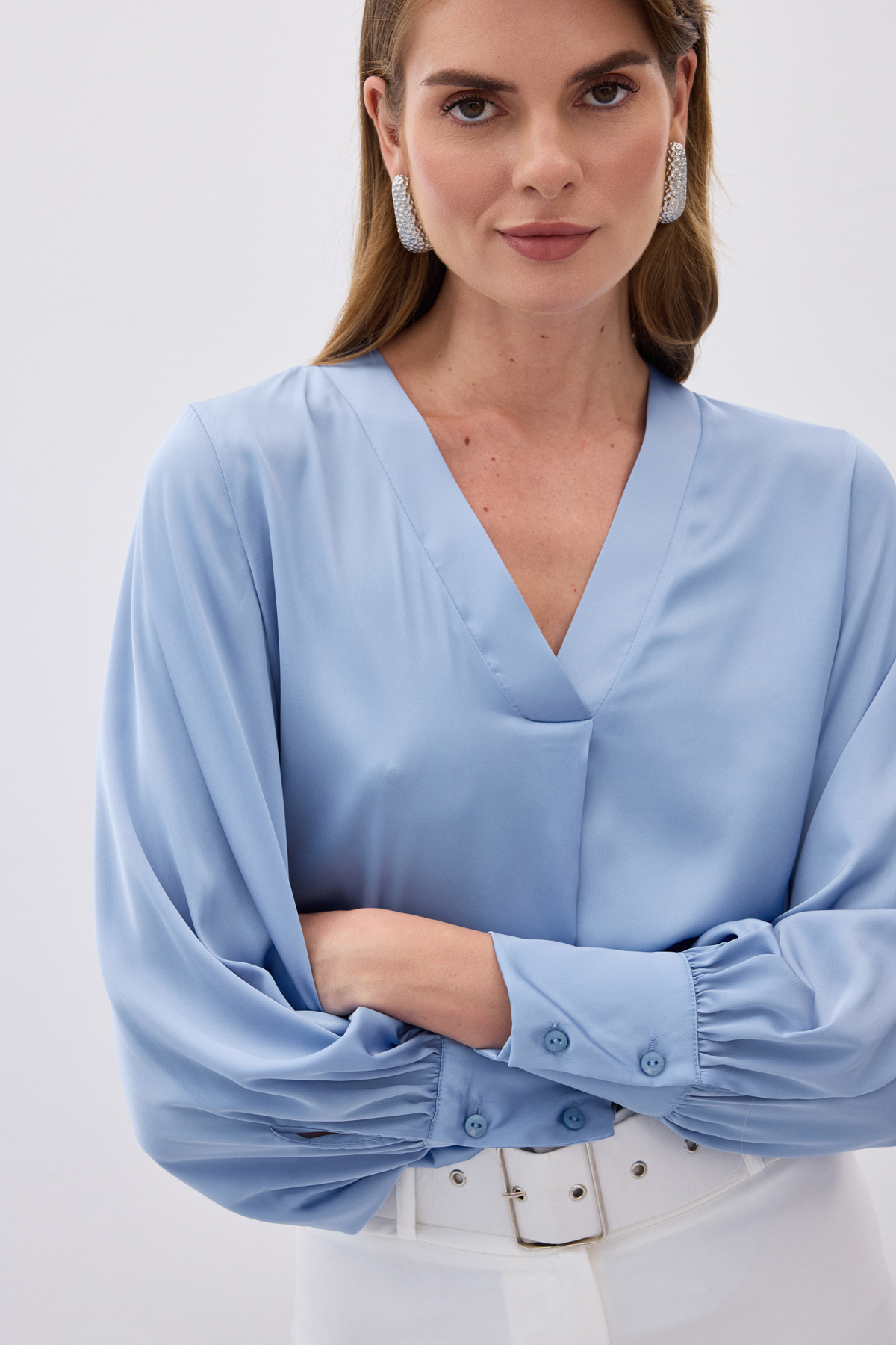 V Yaka Saten Bluz - Bebe Mavi
