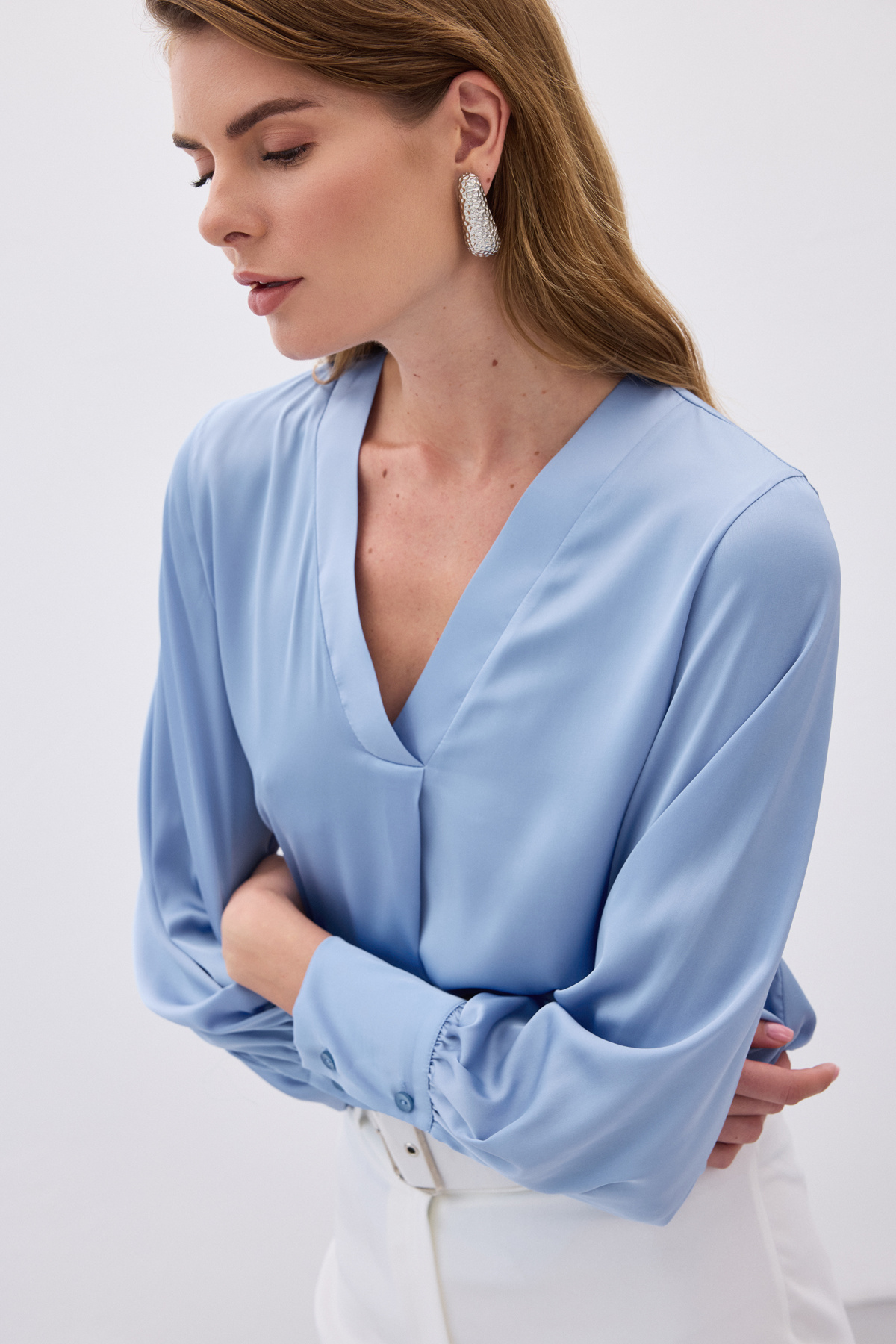 V Yaka Saten Bluz - Bebe Mavi