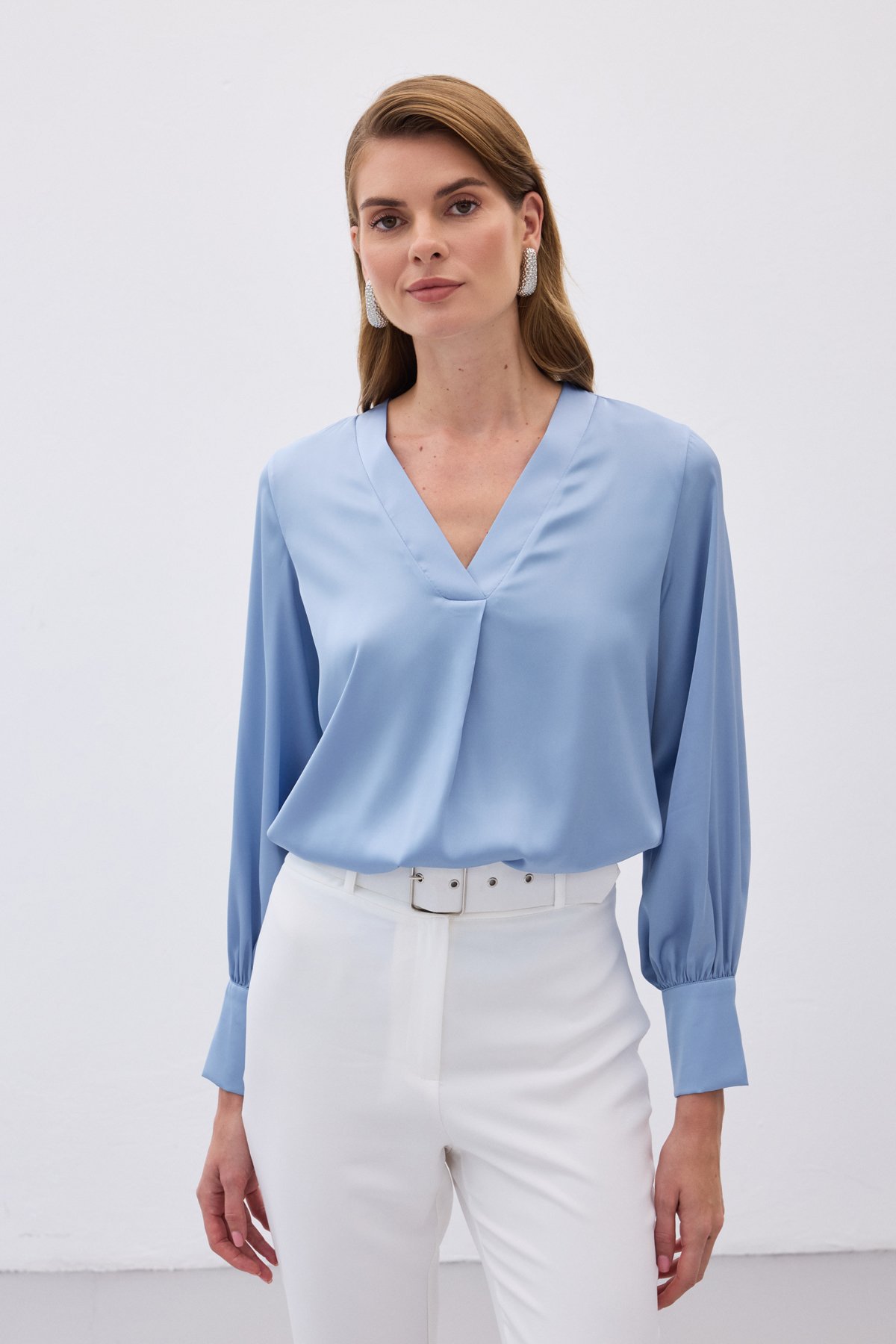 V Yaka Saten Bluz - Bebe Mavi