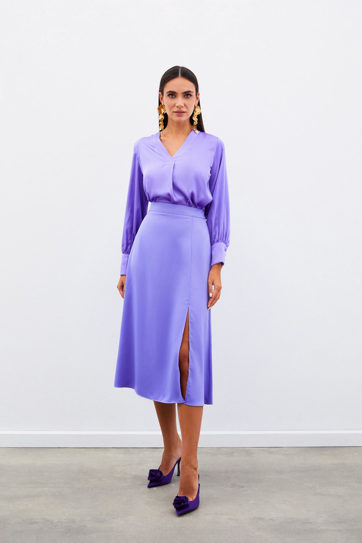 V Neck Satin Blouse - LILA