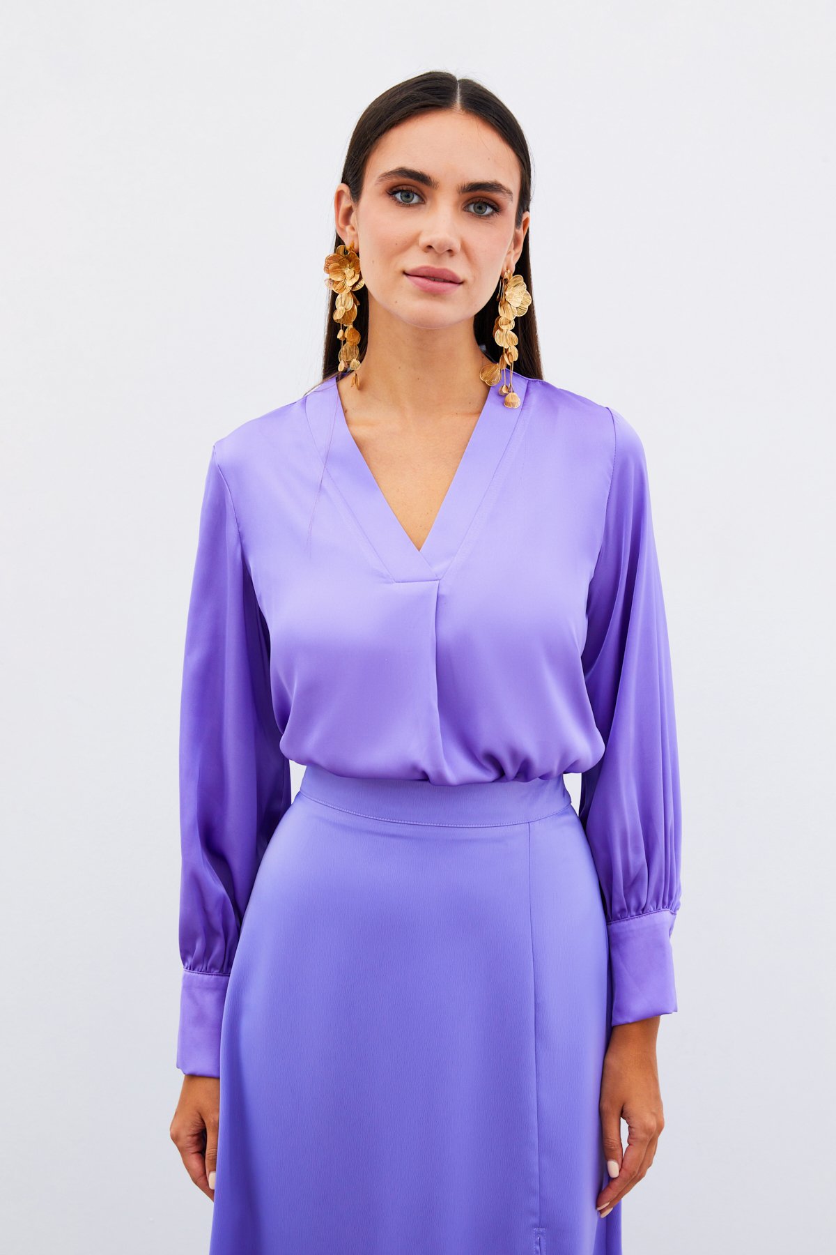 V Neck Satin Blouse - LILA