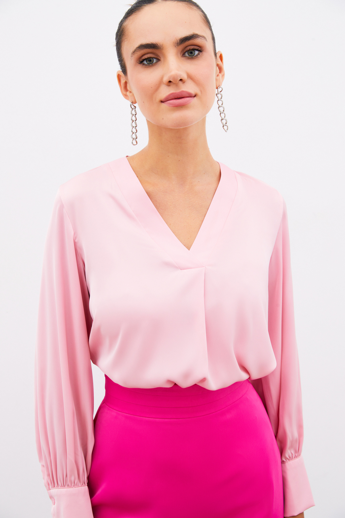 V Yaka Saten Bluz - PEMBE