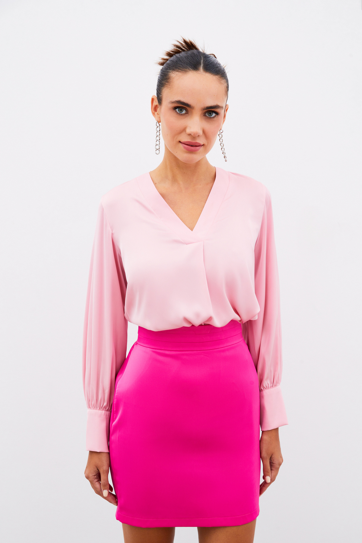 V Yaka Saten Bluz - PEMBE