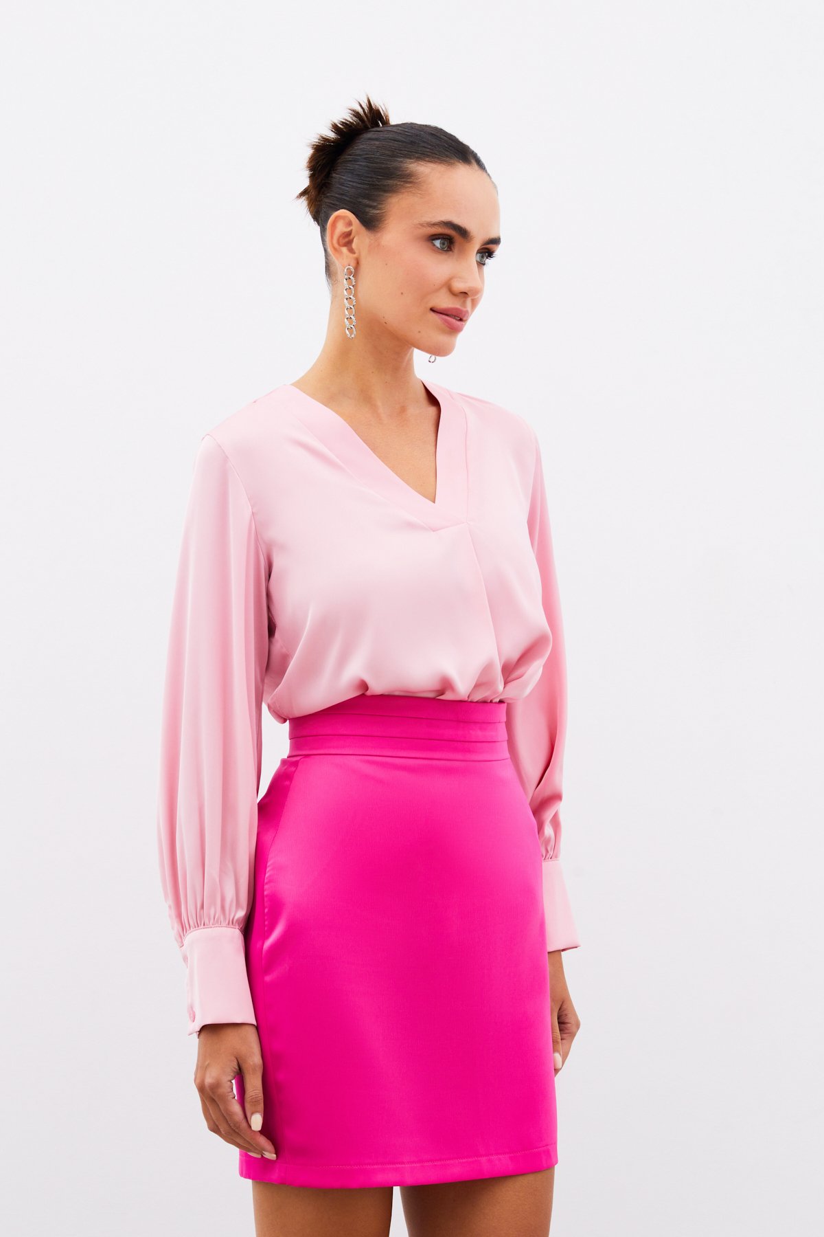 V Yaka Saten Bluz - PEMBE