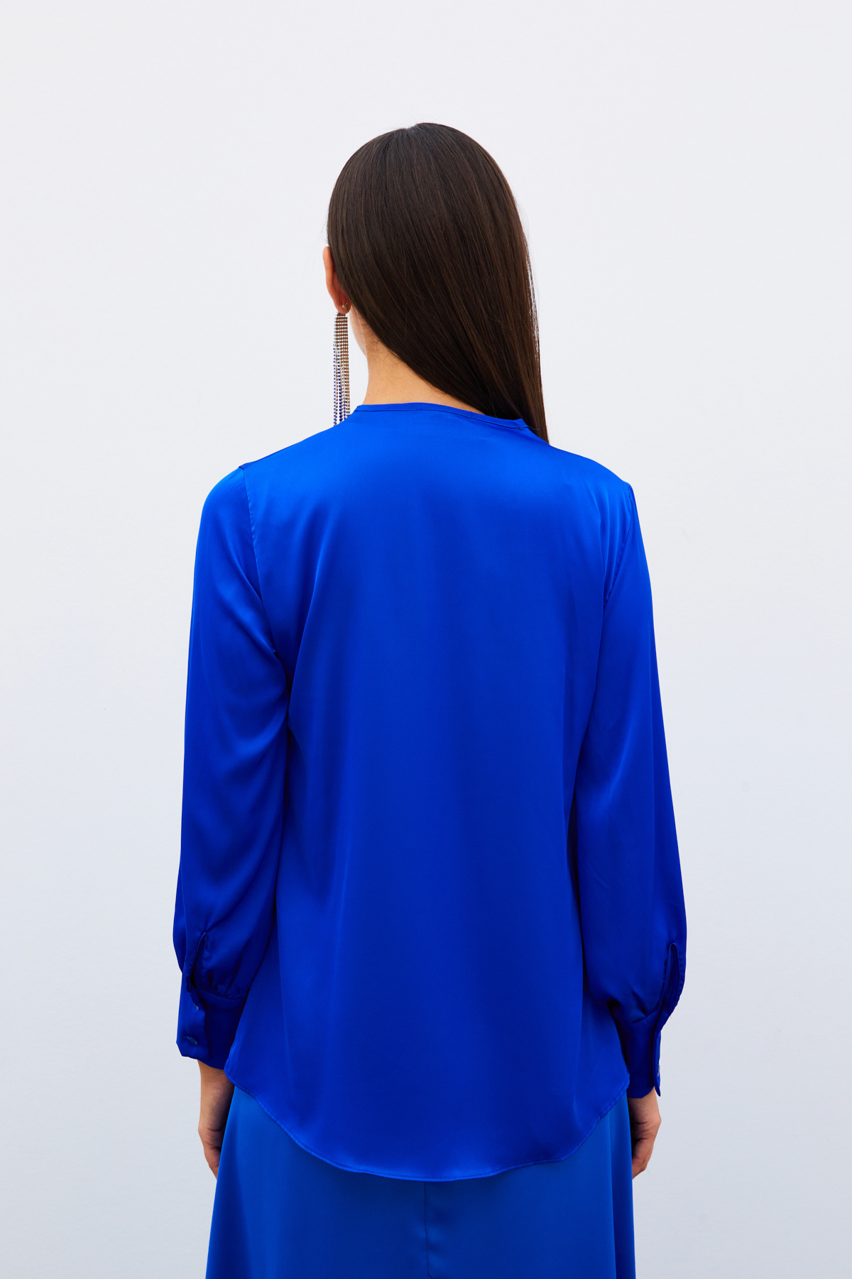 V Yaka Saten Bluz - SAX MAVİ