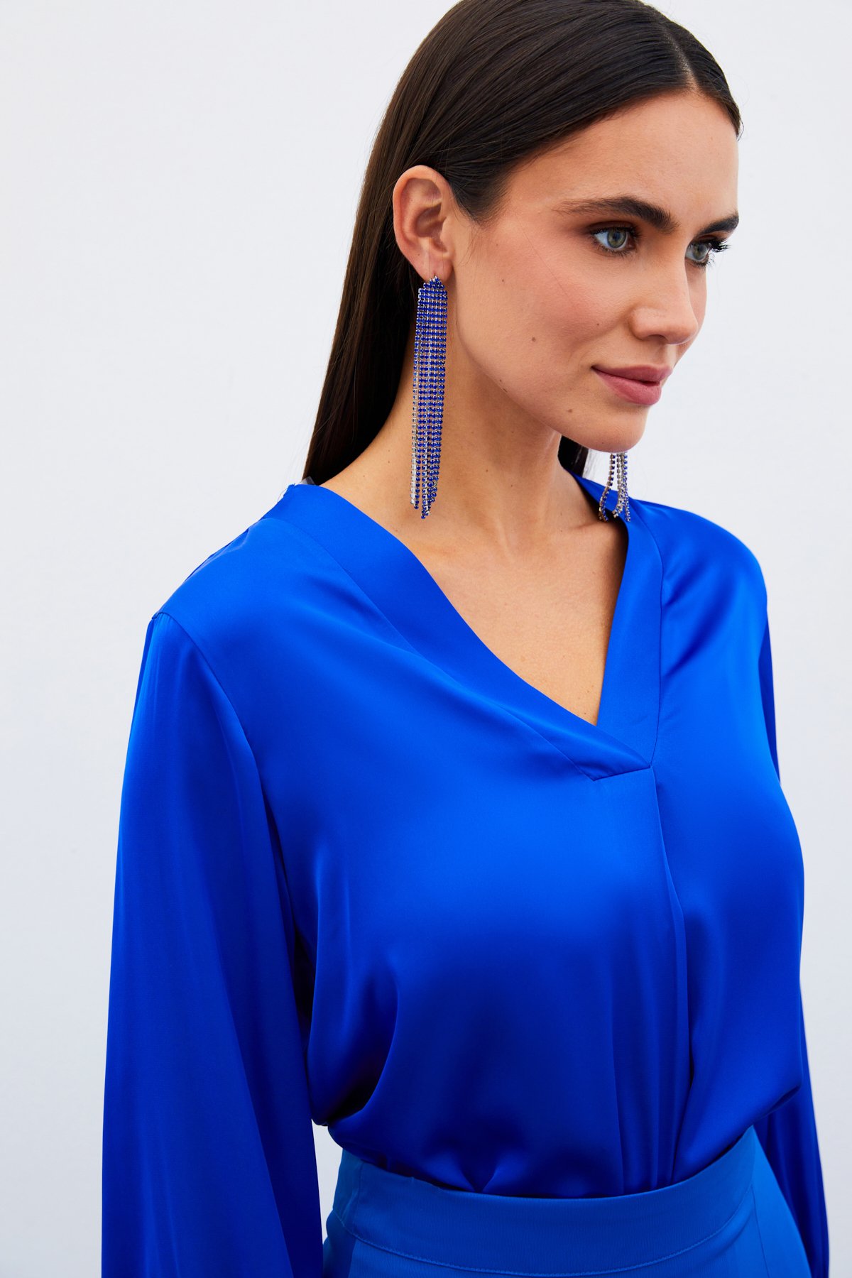 V Yaka Saten Bluz - SAX MAVİ