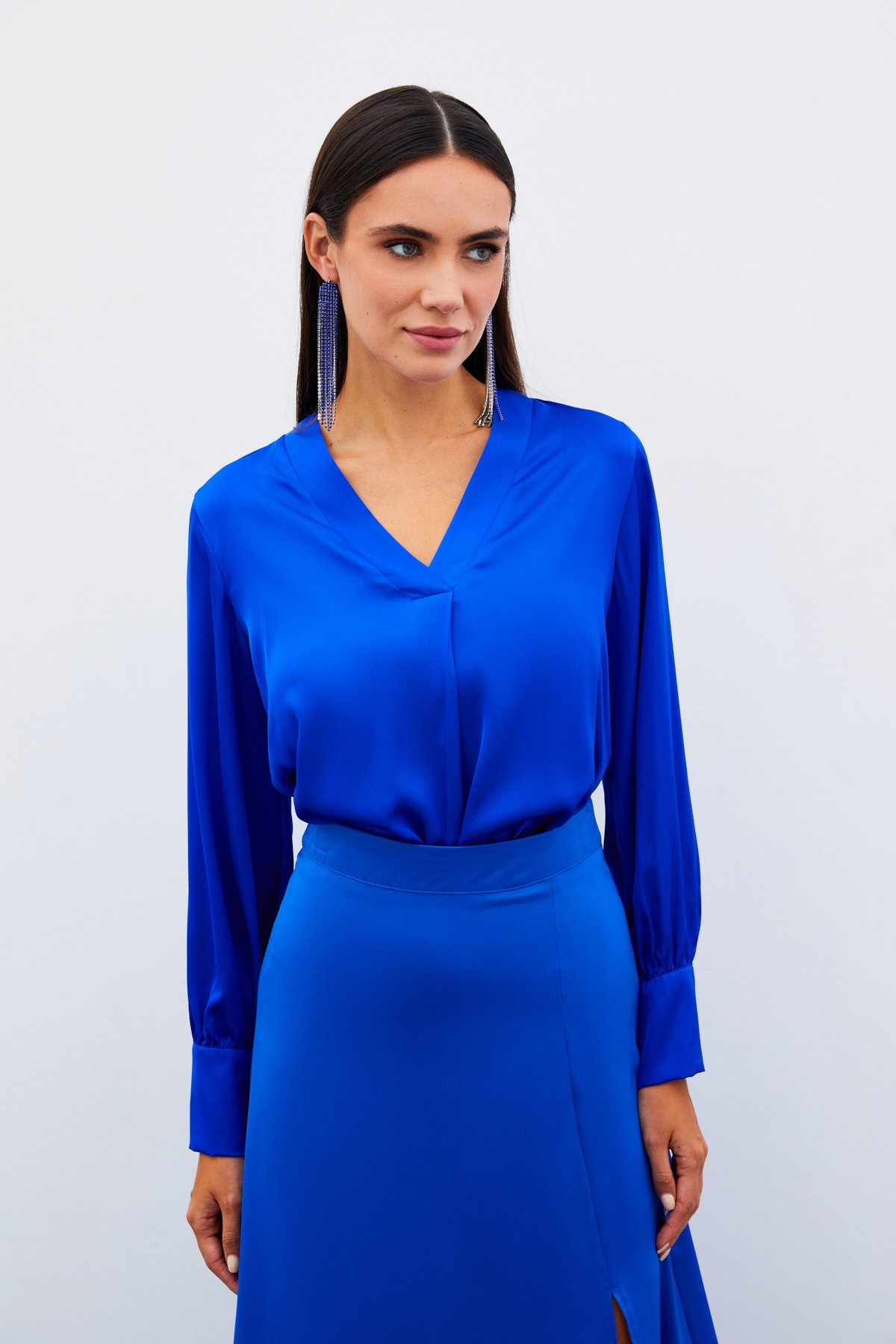 V Yaka Saten Bluz - SAX MAVİ