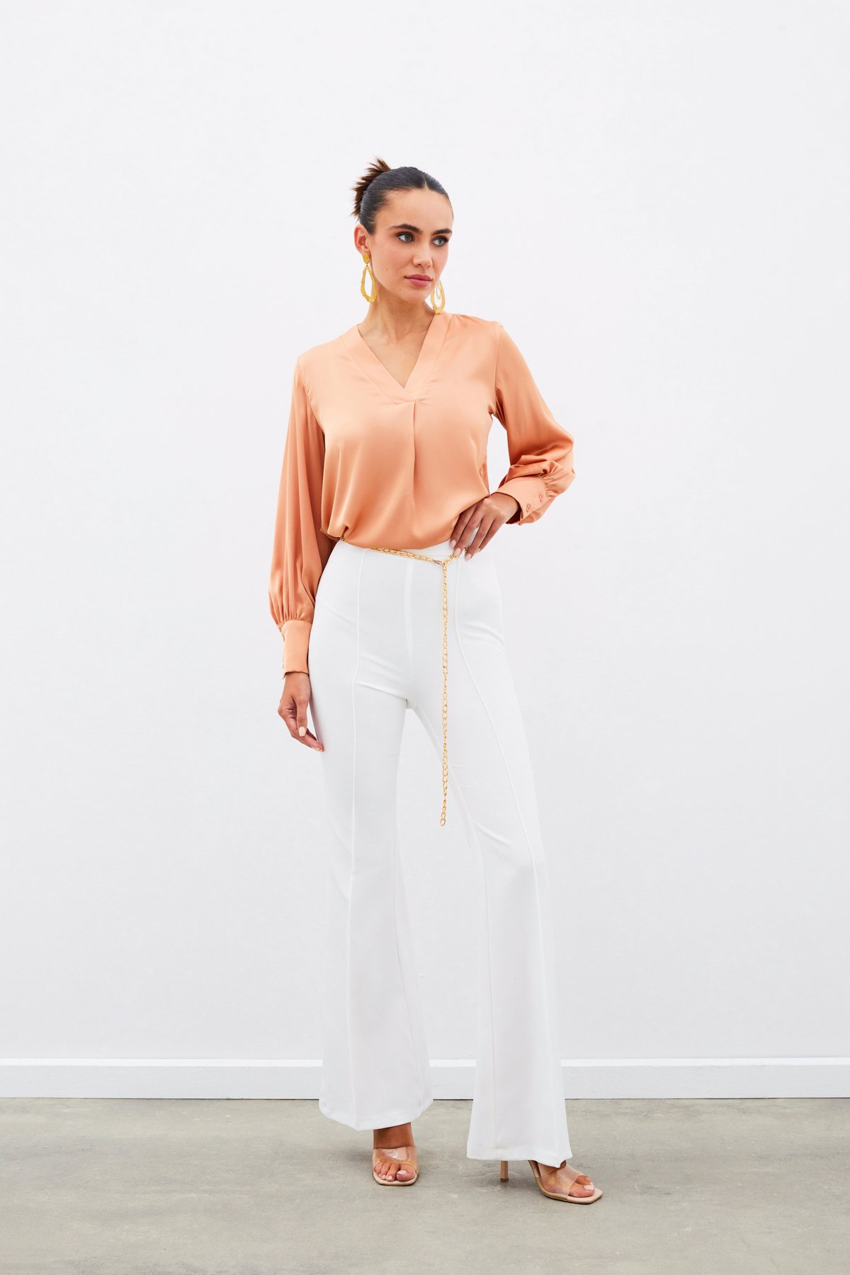 V Neck Satin Blouse - Salmon