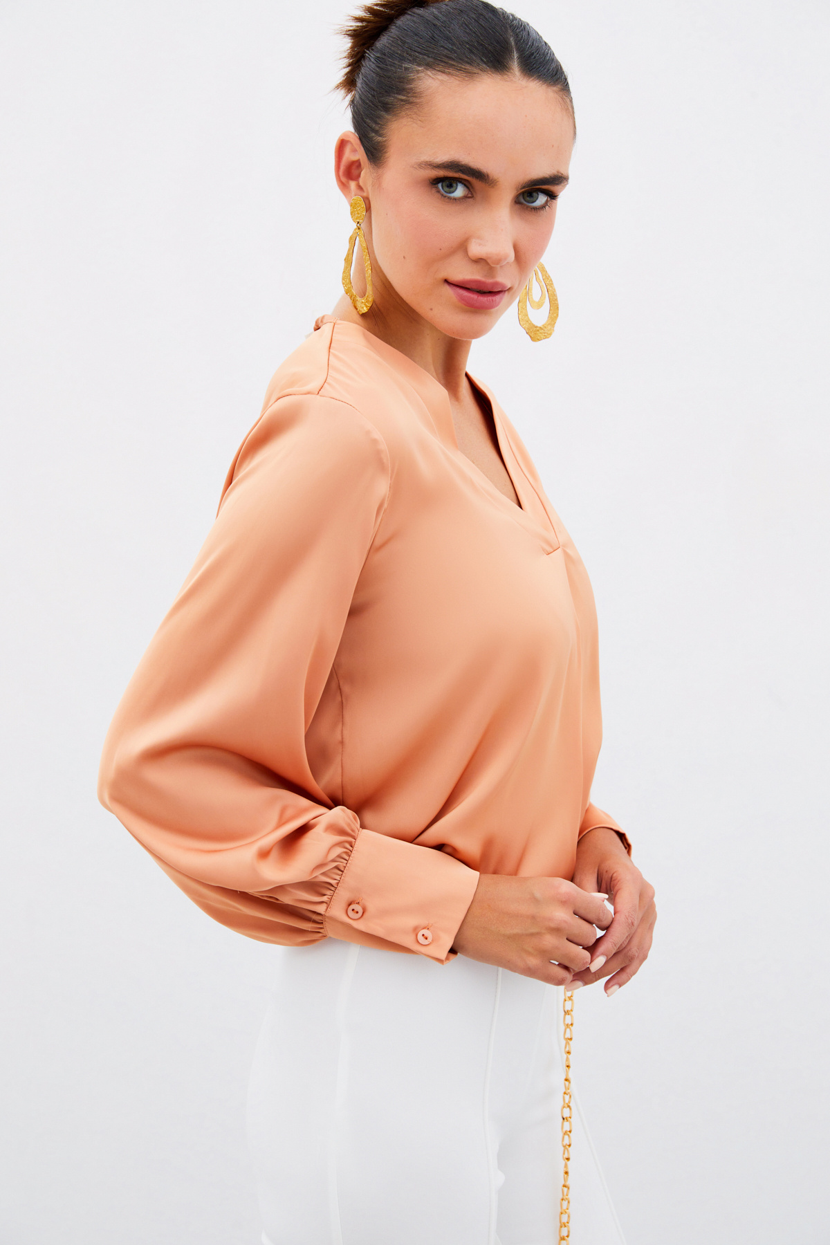 V Neck Satin Blouse - Salmon