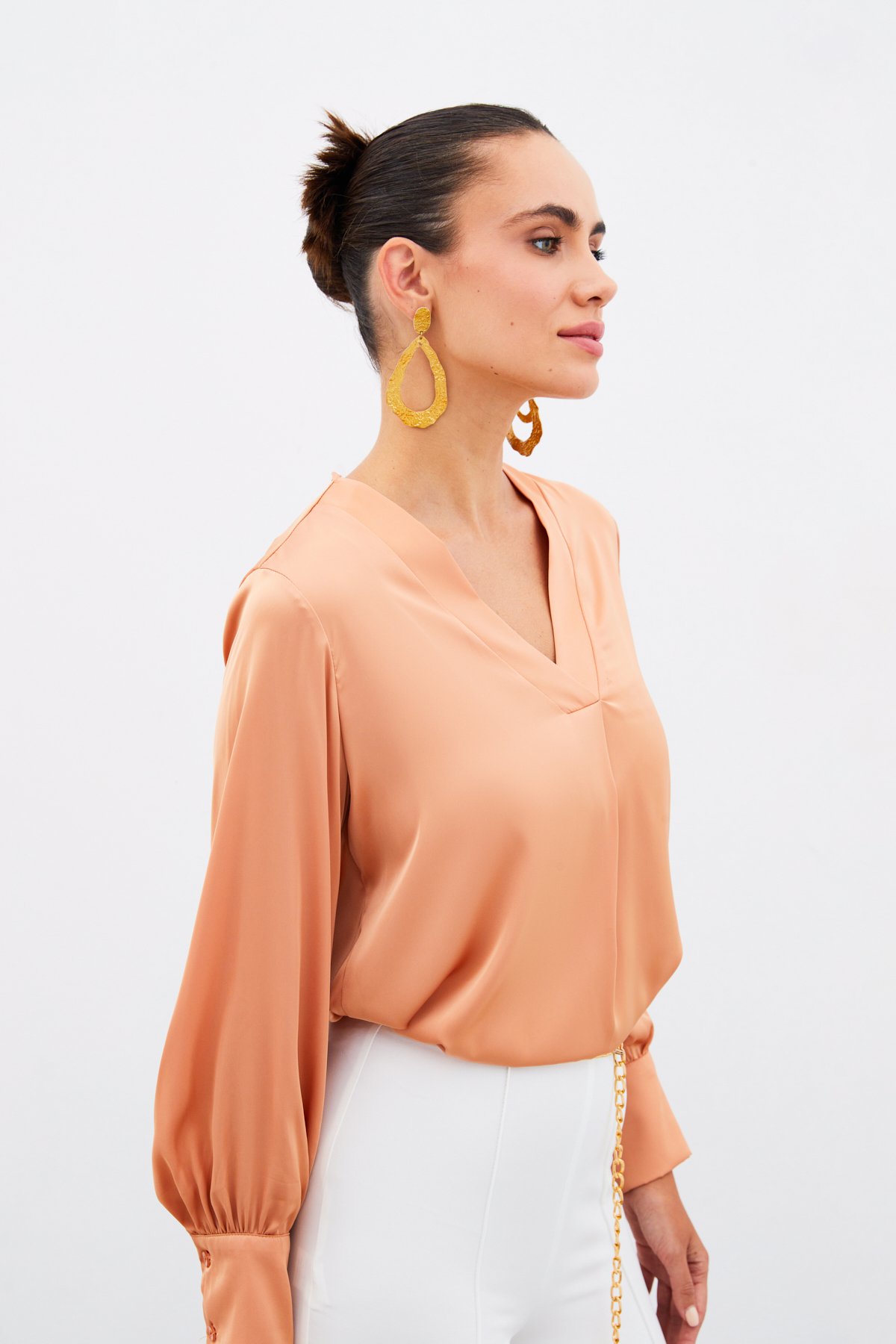 V Neck Satin Blouse - Salmon