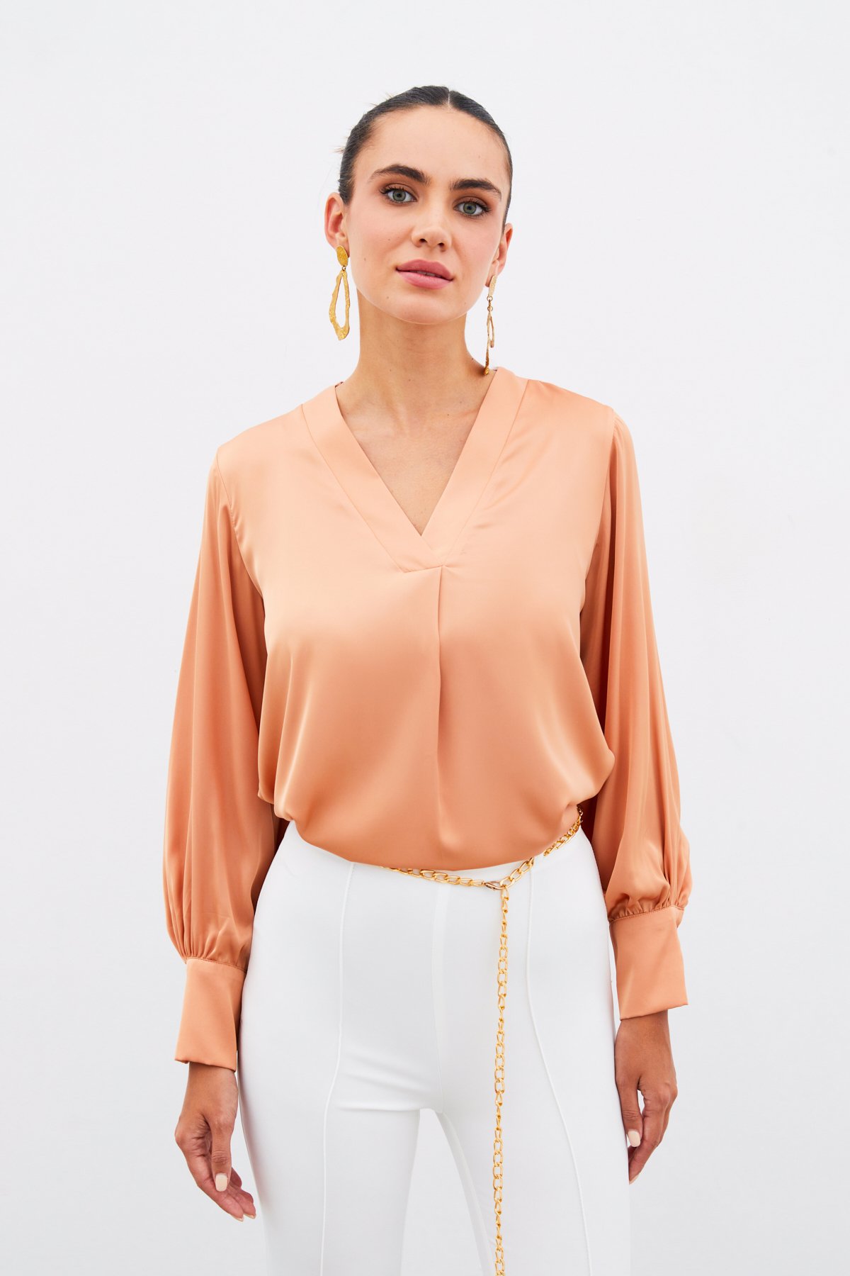 V Neck Satin Blouse - Salmon