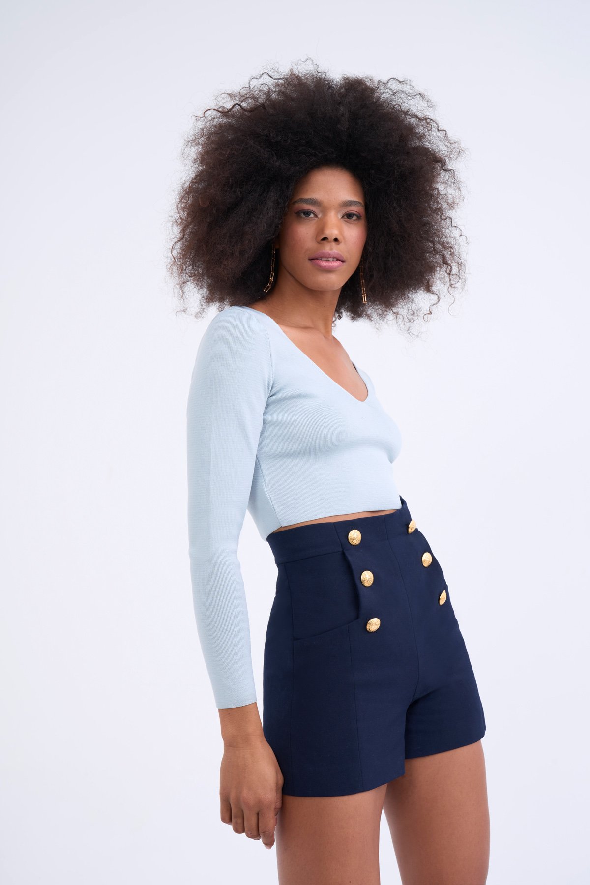 V yaka triko crop - BEBE MAVİ