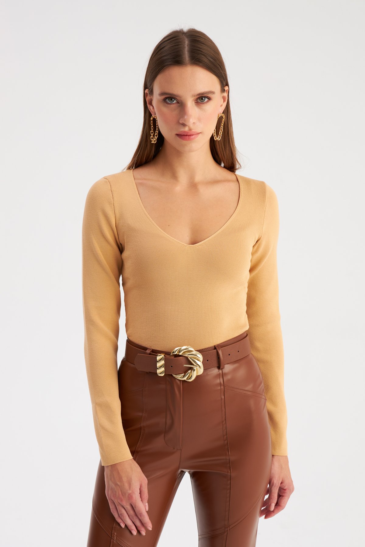 V Neck Crop Knitwear - BISCUIT