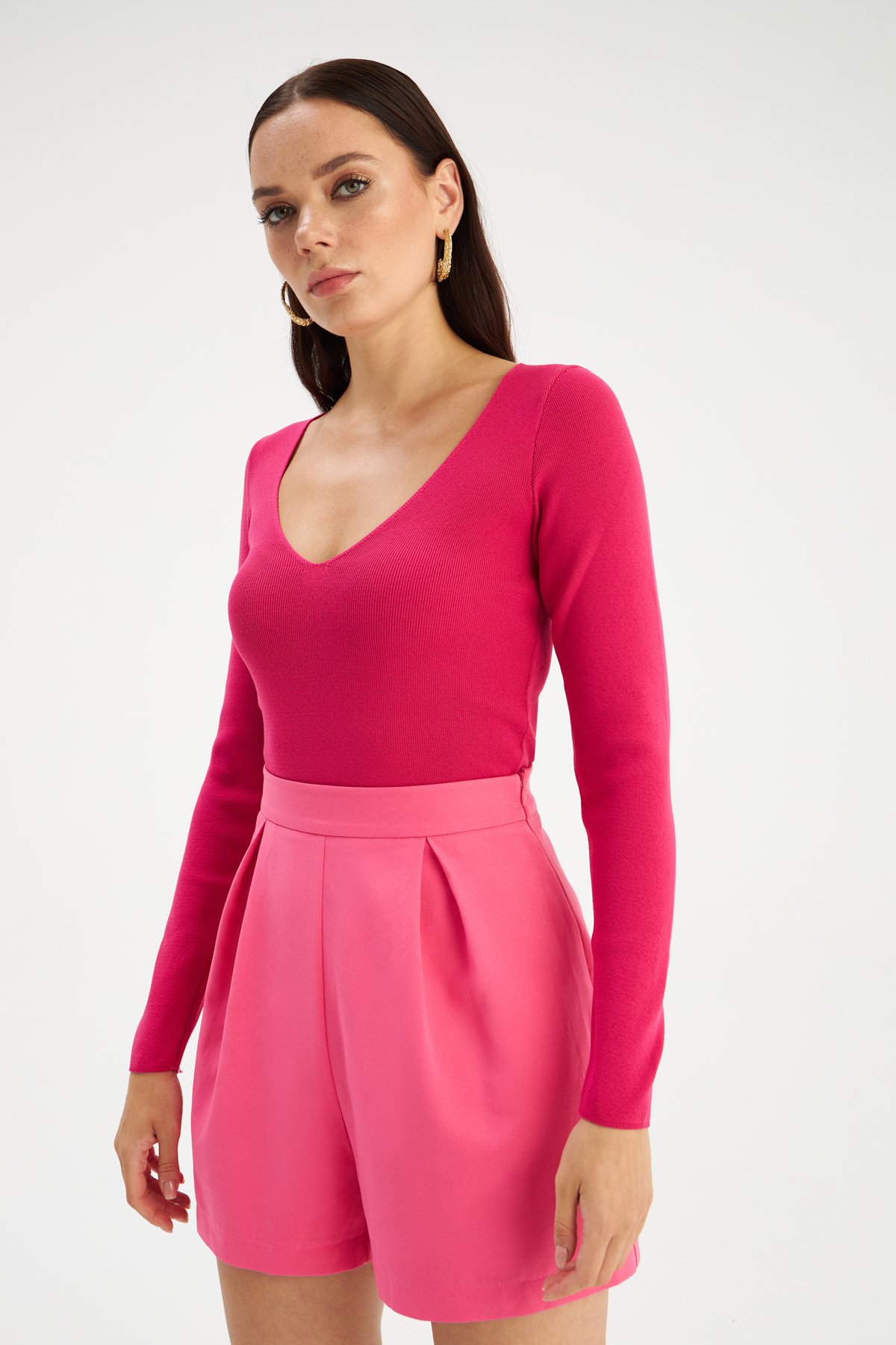 V-neck knit crop top - FuchsIa