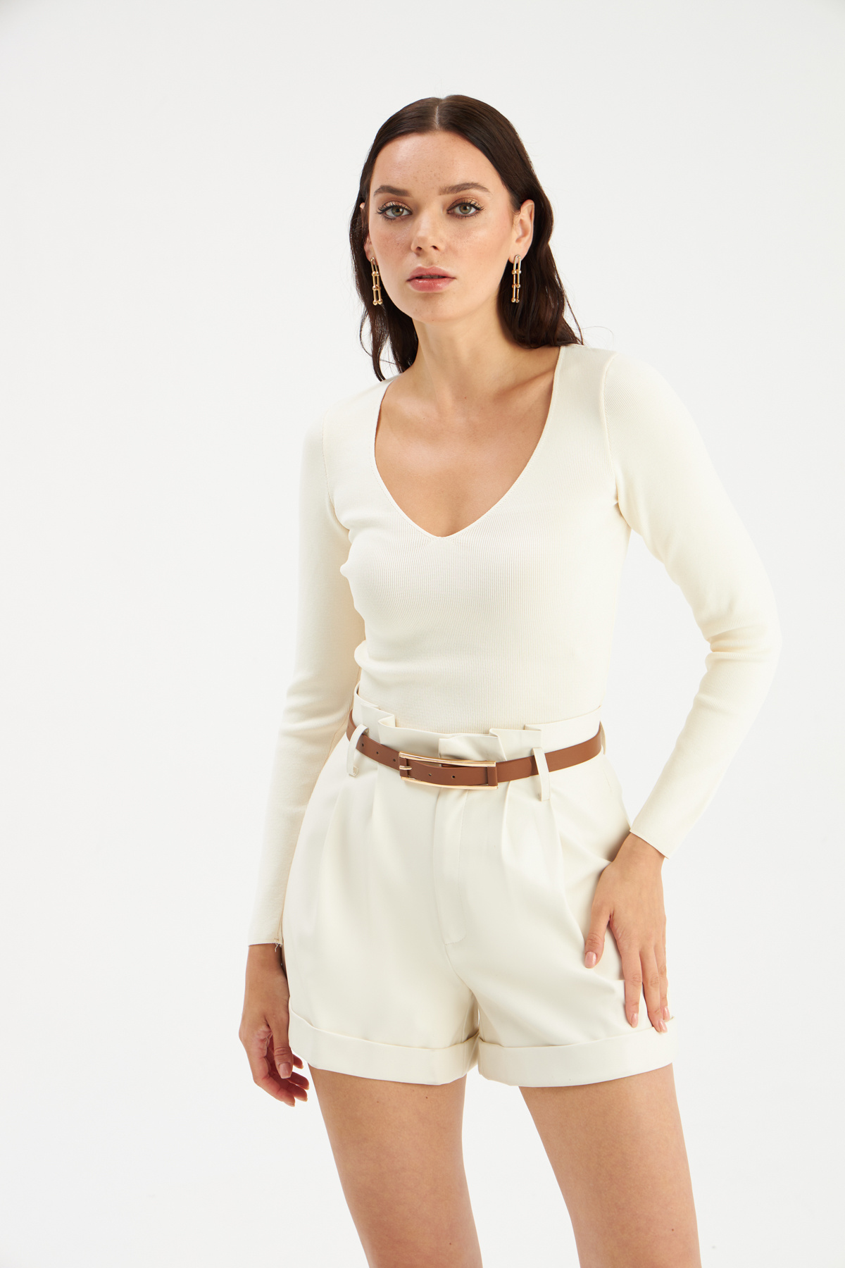 V yaka triko crop - KEMİK