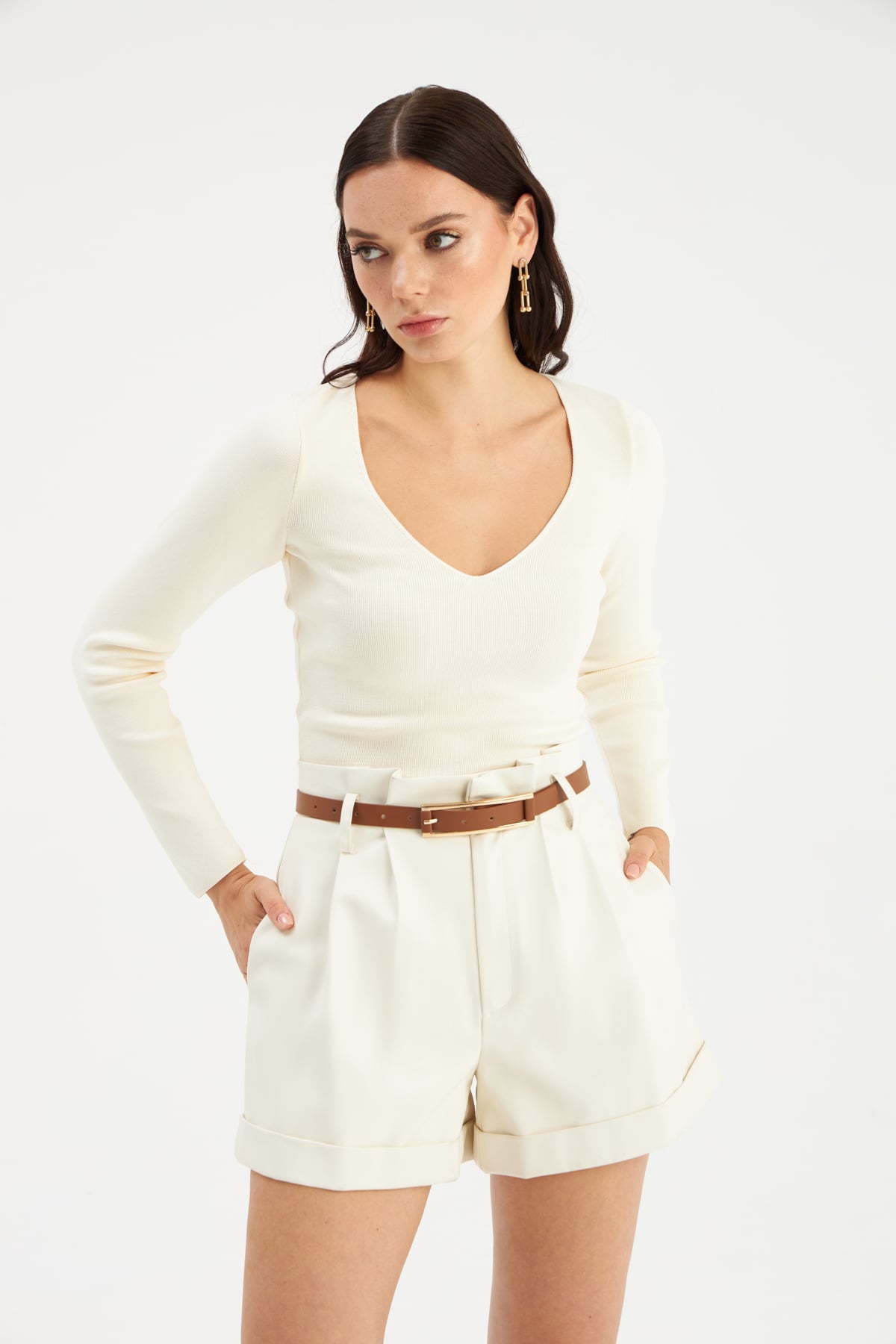V yaka triko crop - KEMİK
