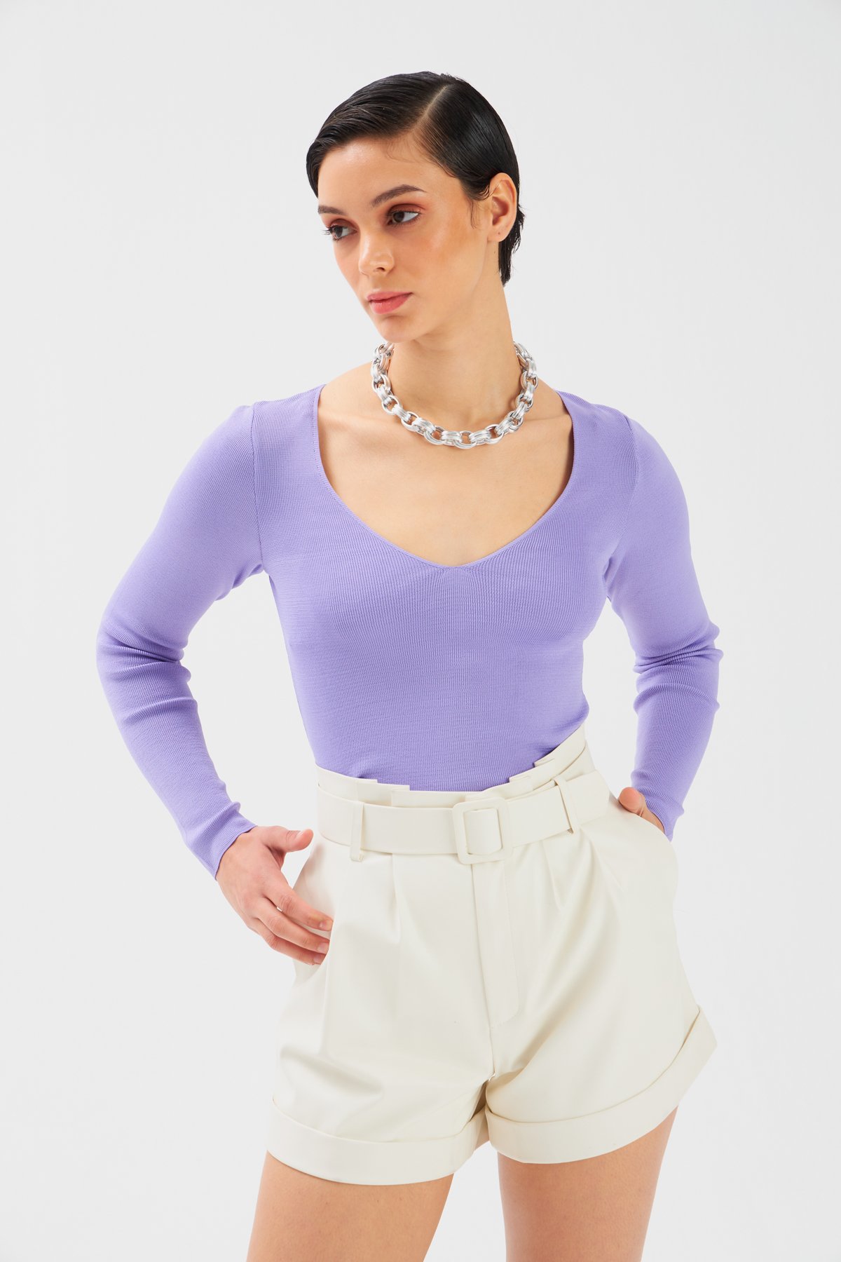 V Neck Crop Knitwear - LILA