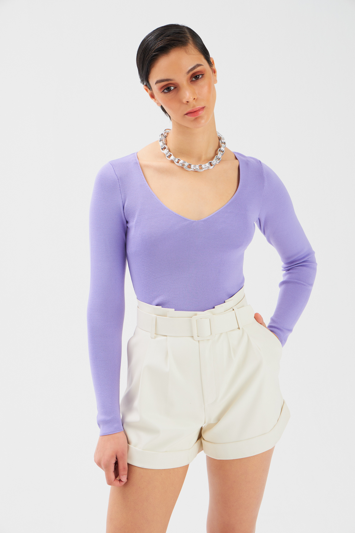 V Neck Crop Knitwear - LILA