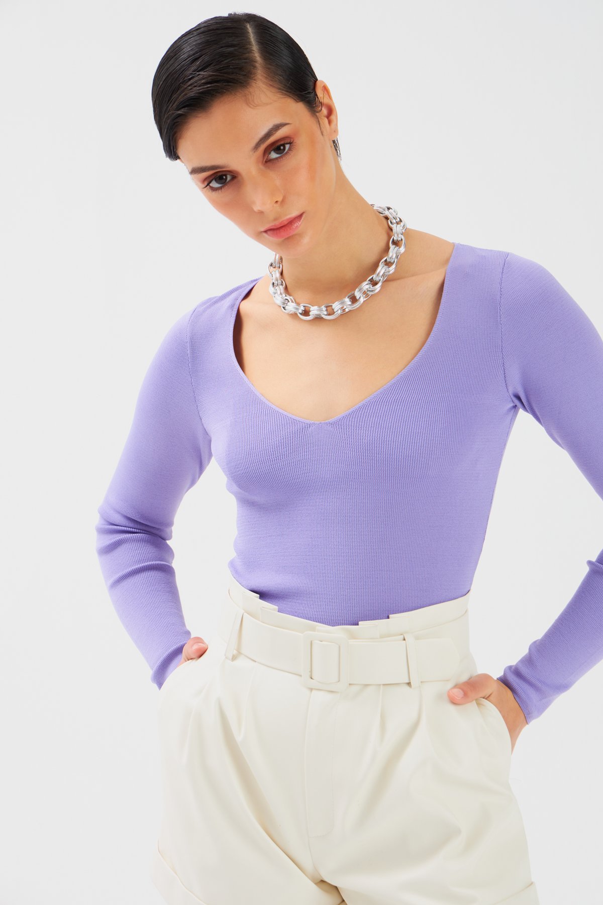 V Neck Crop Knitwear - LILA