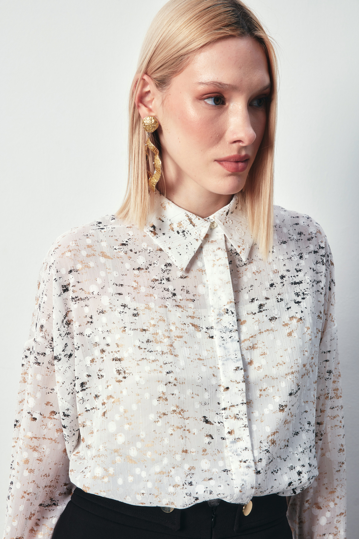 Varaklı Geniş Gömlek - EKRU-GOLD