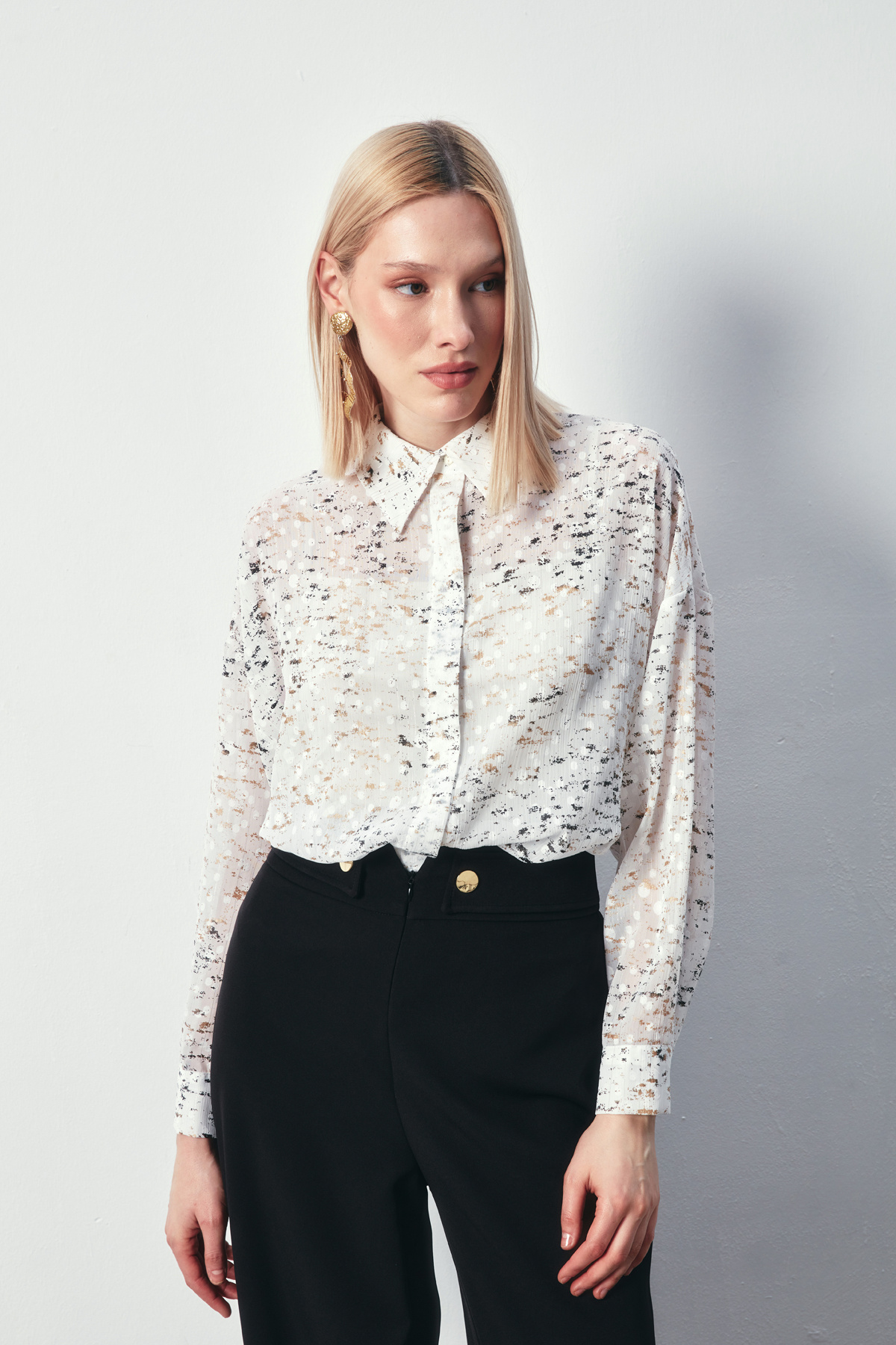 Varaklı Geniş Gömlek - EKRU-GOLD